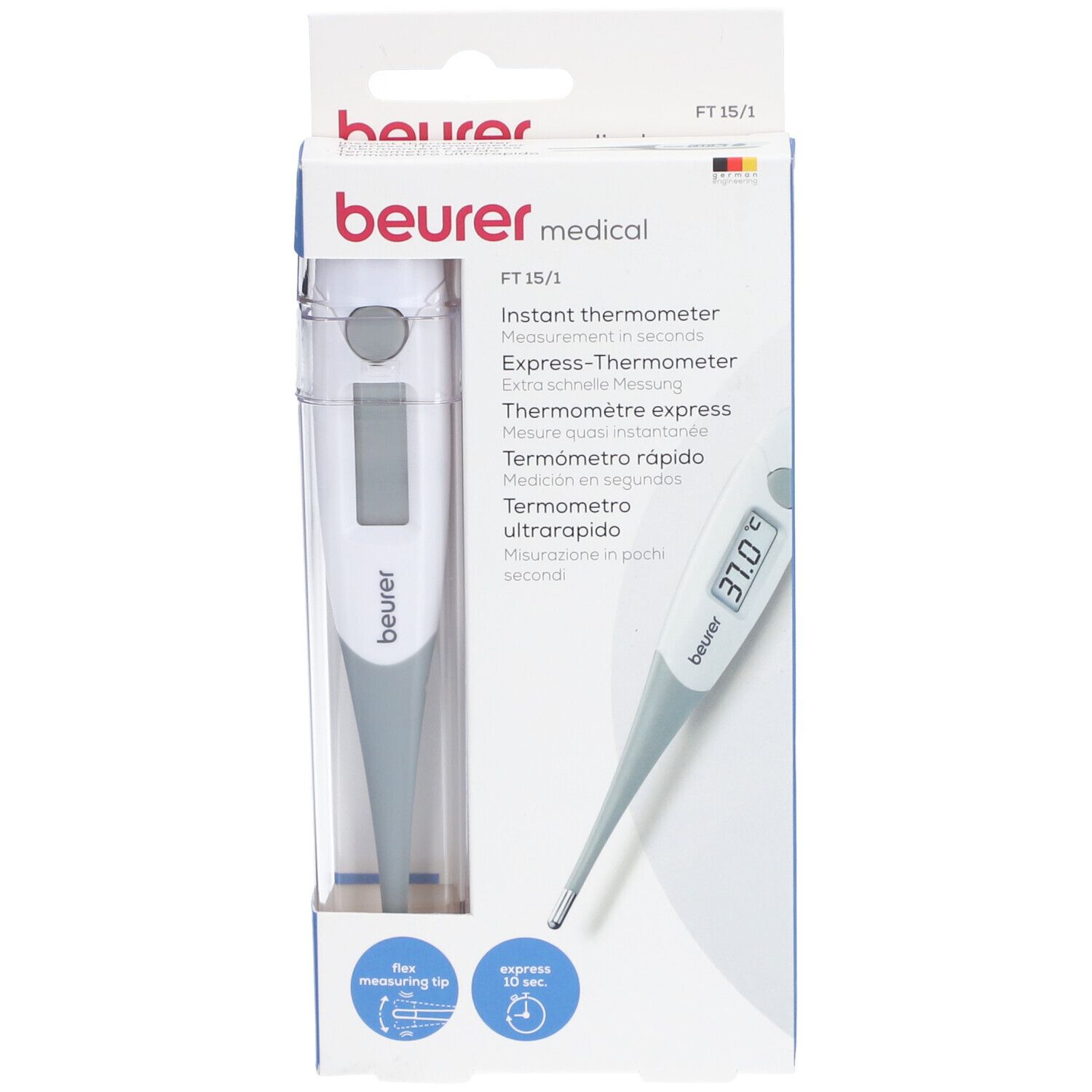 Verpakking met digitale thermometer. Beurer-logo en productaanduiding FT 15/1.