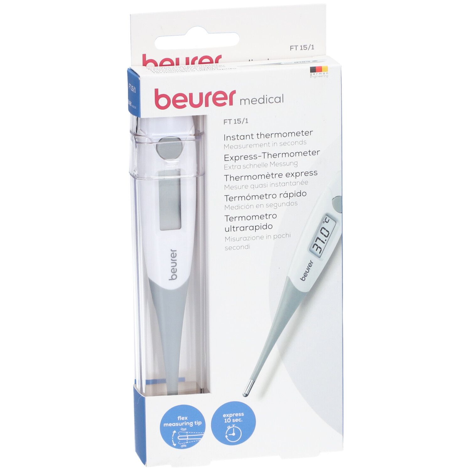 Verpakking met digitale thermometer. Beurer-logo en productaanduiding FT 15/1.
