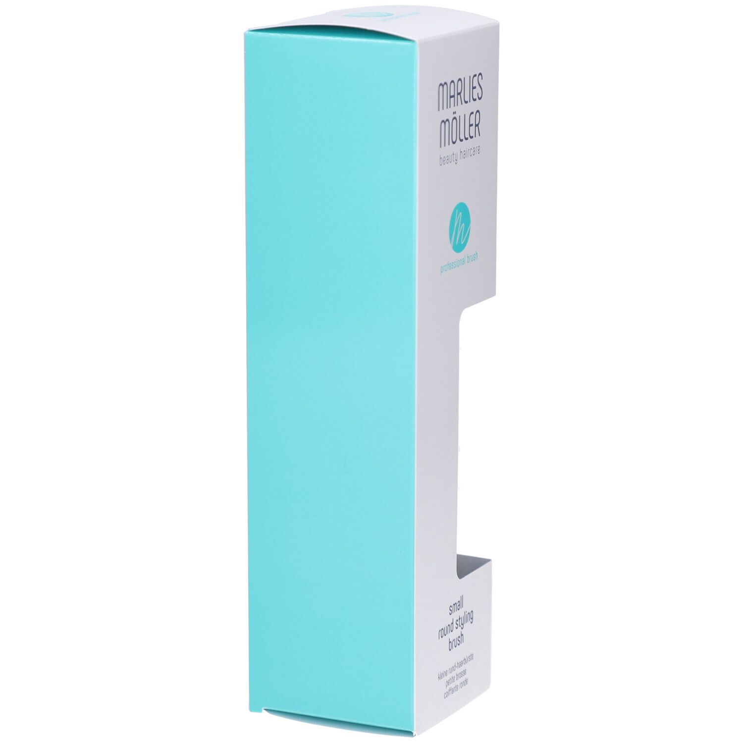 Verpakking ronde borstel. Merk en logo Marlies Möller zichtbaar. Turquoise accenten.