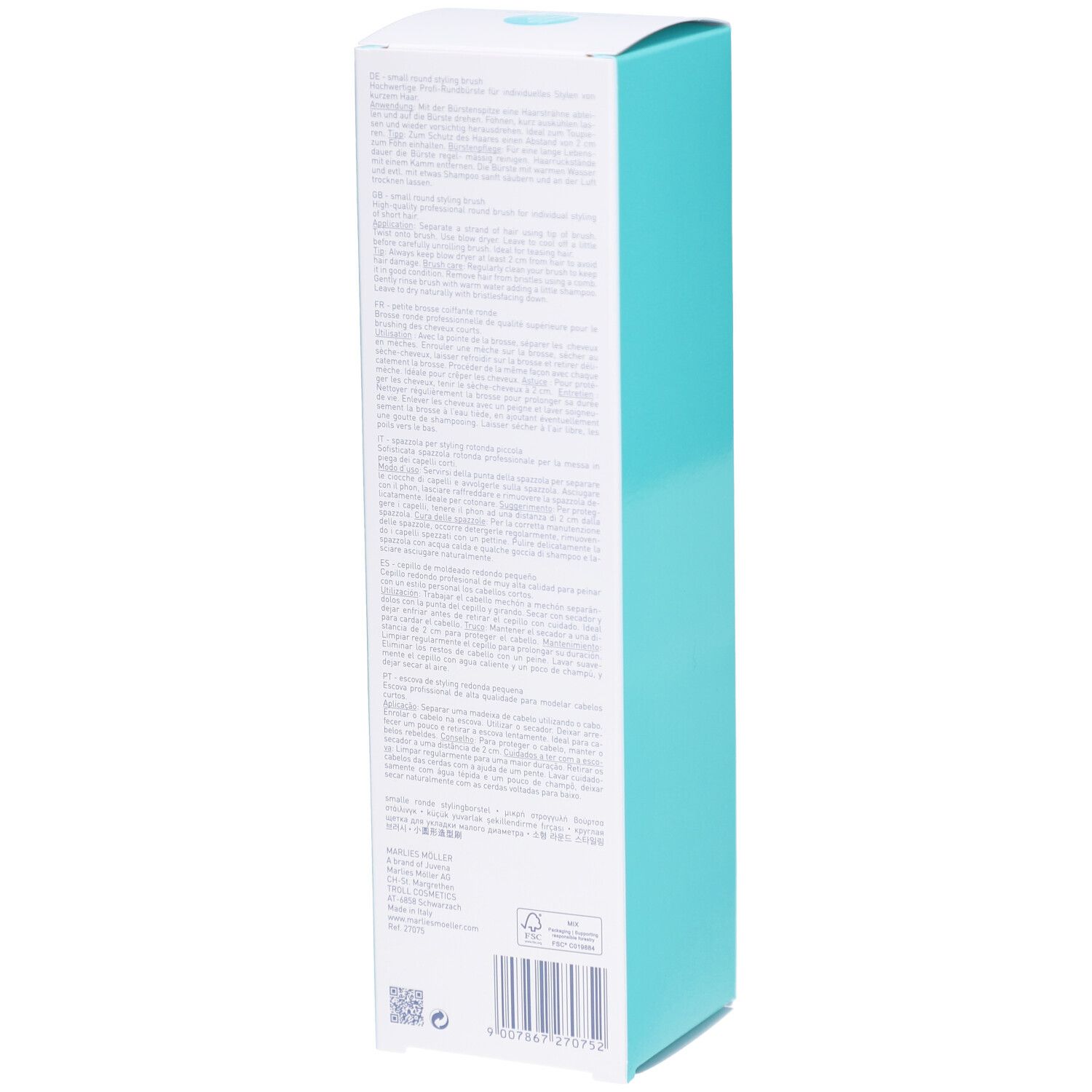 Achterkant van de verpakking van de ronde borstel. Tekst en barcode zichtbaar. Turquoise accenten.