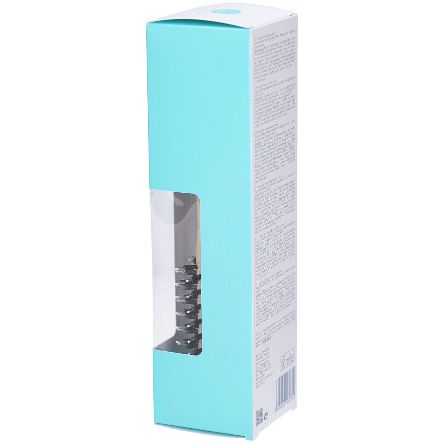 Zijaanzicht van de verpakking van de ronde borstel. Turquoise accenten. Product gedeeltelijk zichtbaar.