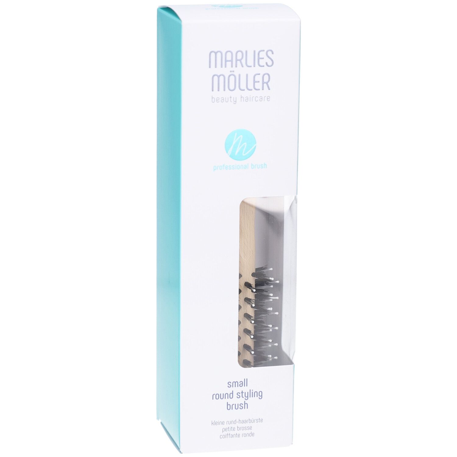 Verpakking ronde borstel. Product zichtbaar door venster. Merk en logo Marlies Möller.