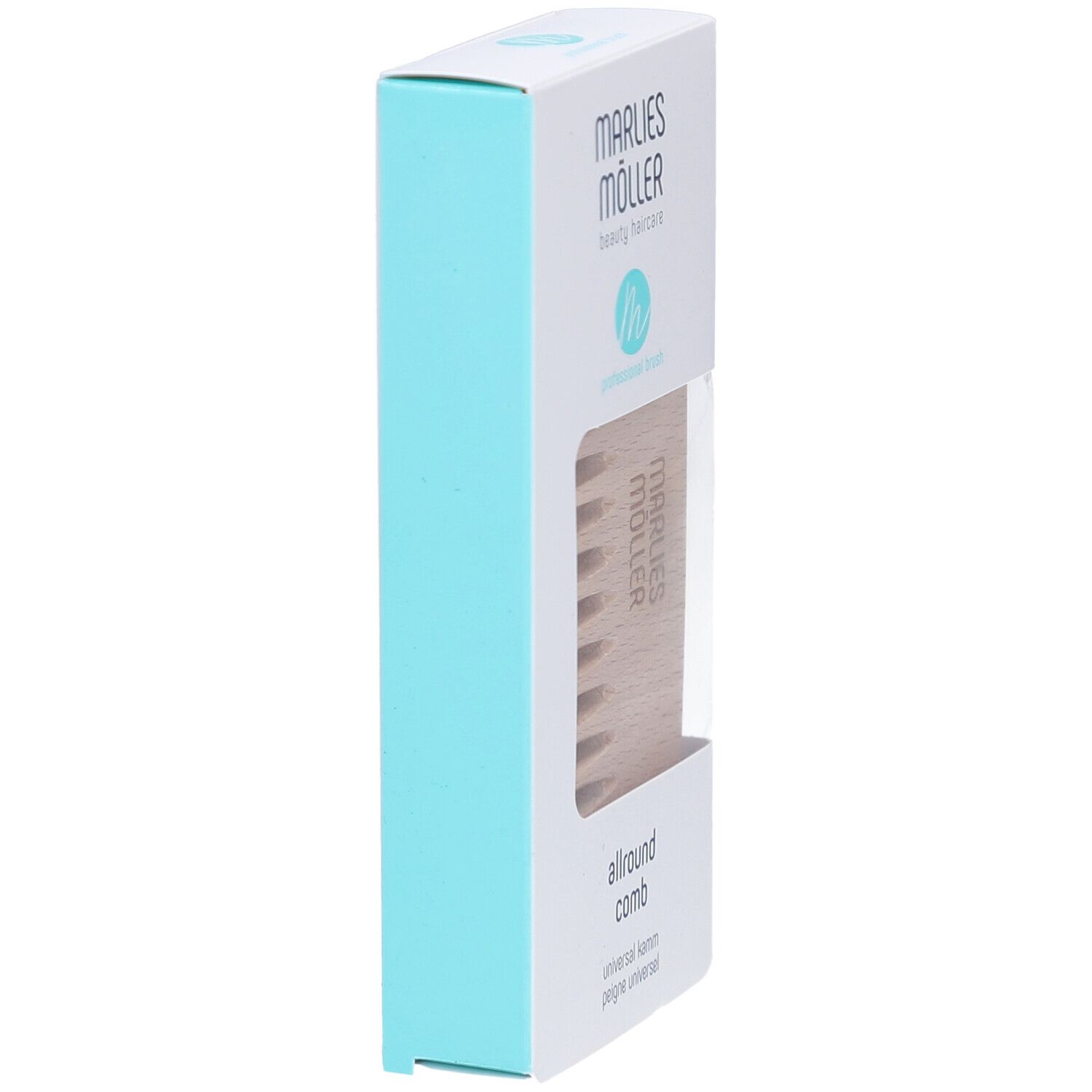 Productverpakking met houten kam. Op de verpakking staat "Marlies Möller".