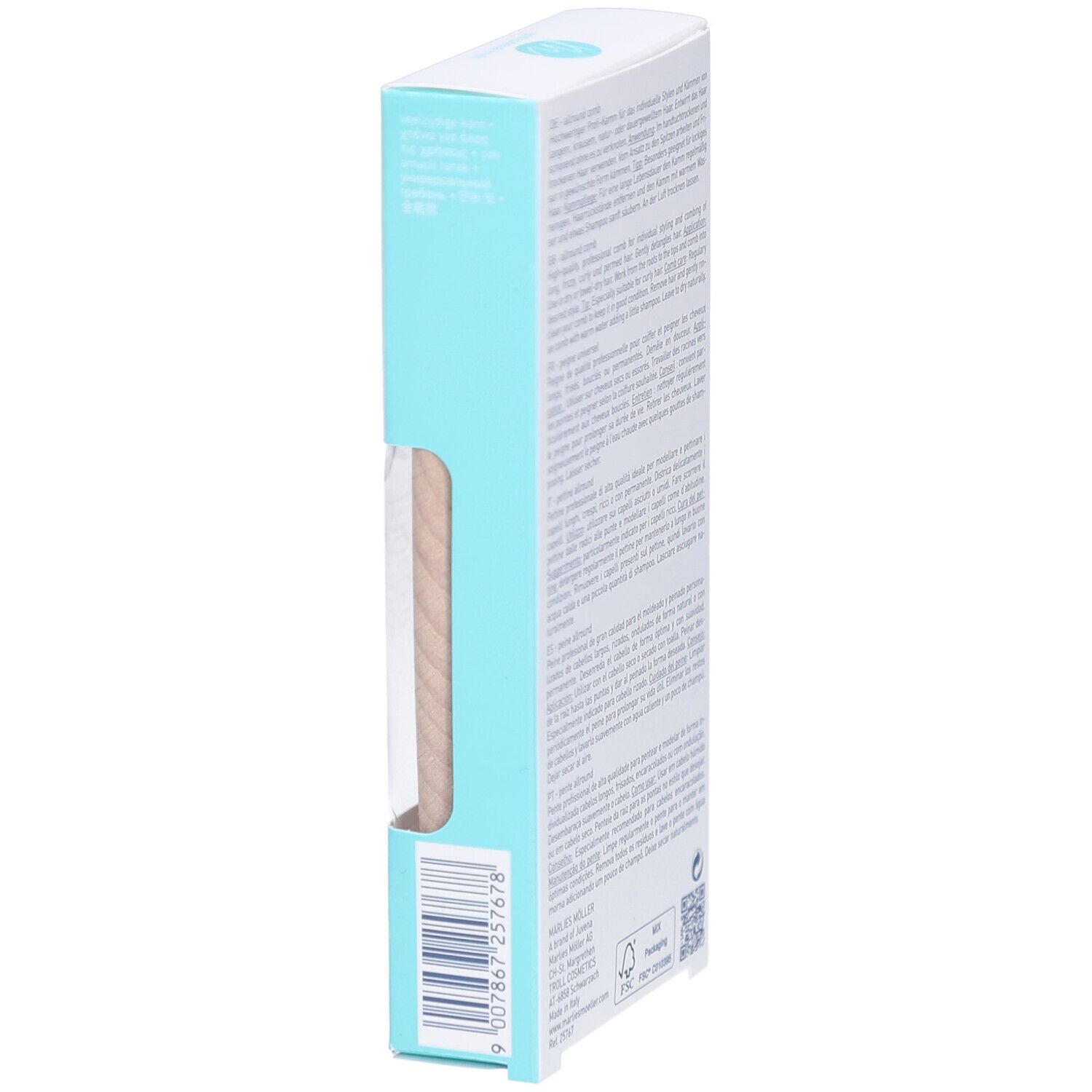 Zijaanzicht van de productverpakking. De houten kam is zichtbaar door een venster.