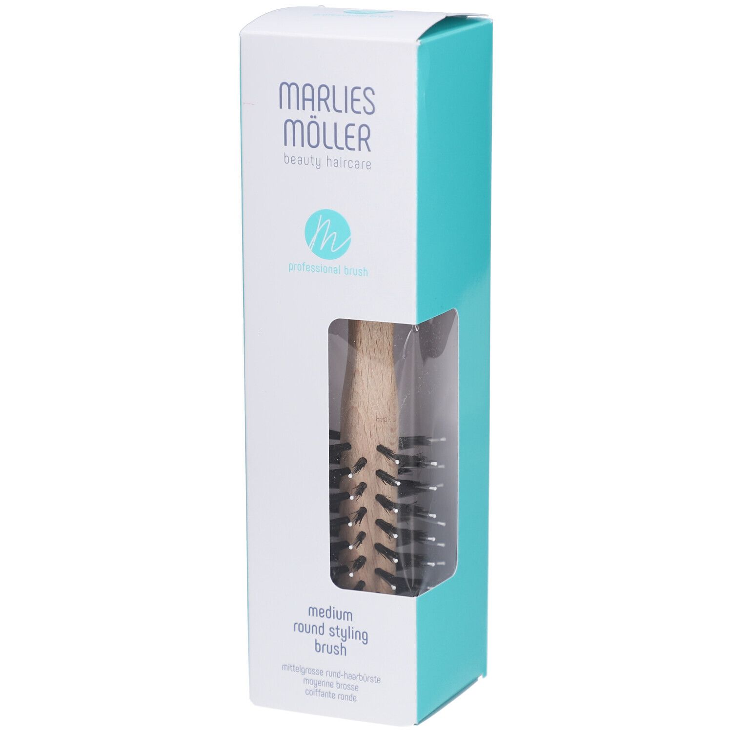 Verpakking van de stylingborstel. Wit-turkoois. MARLIES MÖLLER, medium round styling brush.