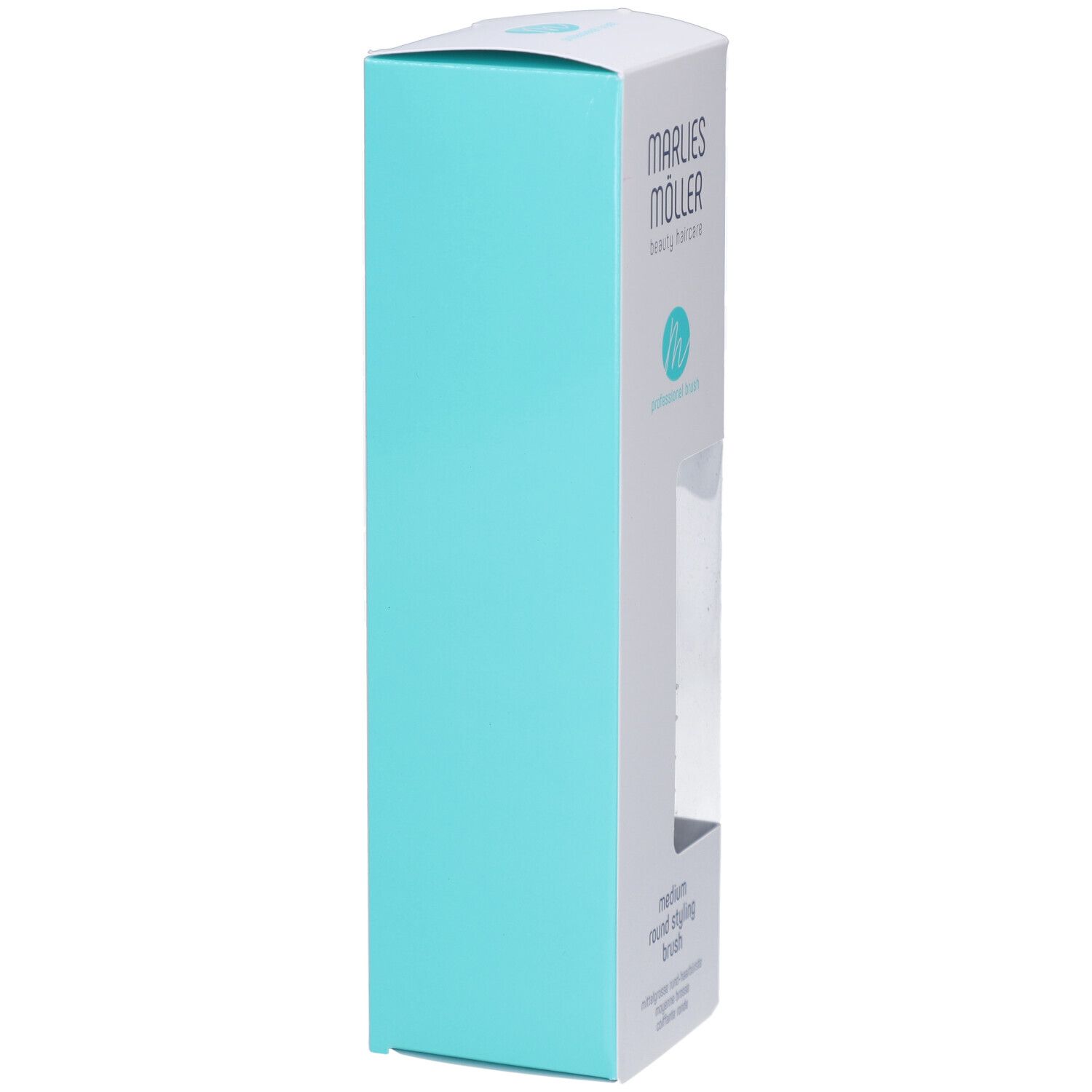 Verpakking van de stylingborstel. Wit-turkoois. MARLIES MÖLLER, productinformatie.