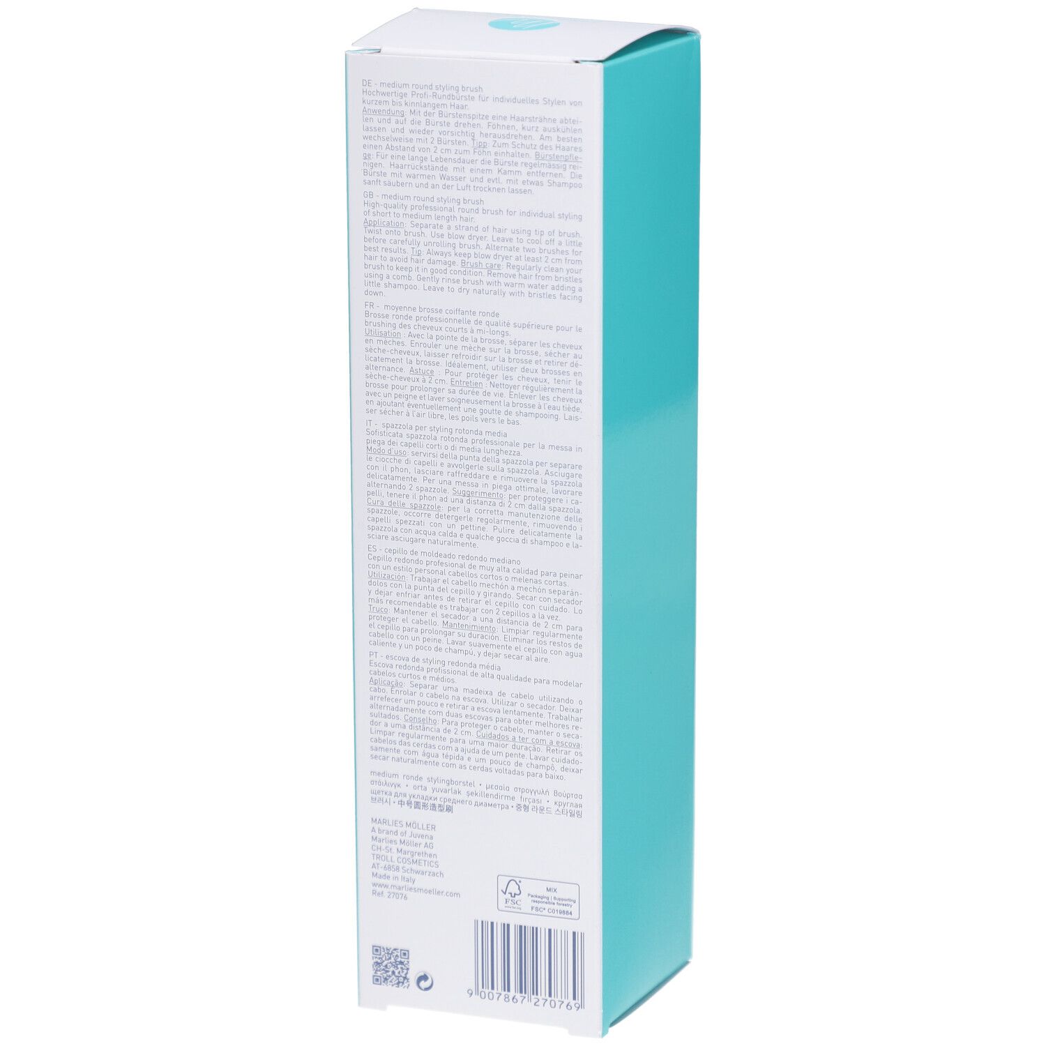 Achterkant van de verpakking. Tekst in meerdere talen. MARLIES MÖLLER, medium round styling brush.