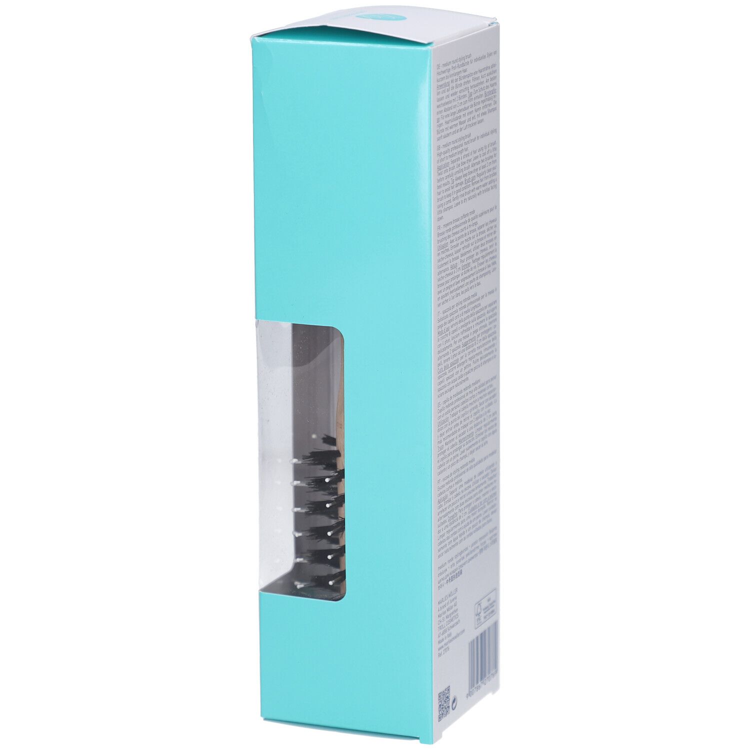 Verpakking van de stylingborstel. Wit-turkoois. MARLIES MÖLLER, productinformatie.