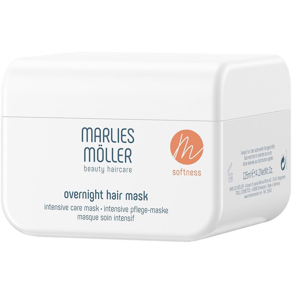Pot blanc avec logo Marlies Möller et texte. Inscription: Overnight Hair Mask. Logo orange.