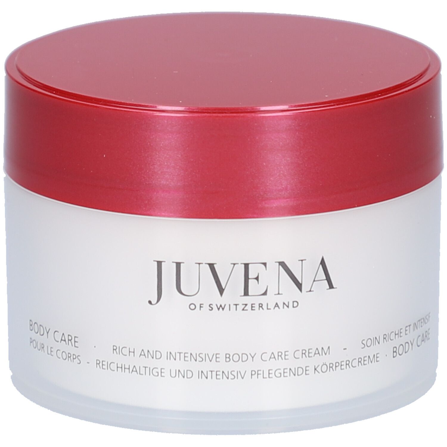 Pot de crème à couvercle rouge. Inscription: Juvena of Switzerland. Texte: Body Care, Rich and Intensive Body Care Cream.