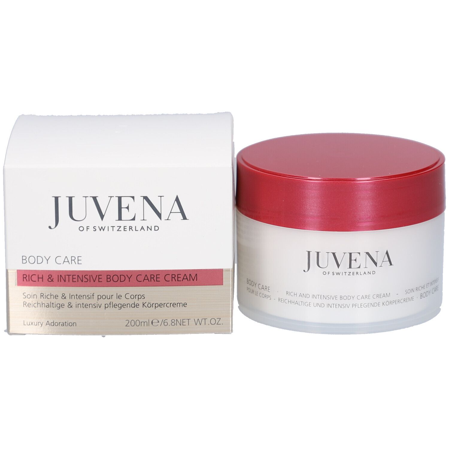 Pot de crème et boîte. Inscription: Juvena. Texte: Body Care, Rich and Intensive Body Care Cream.