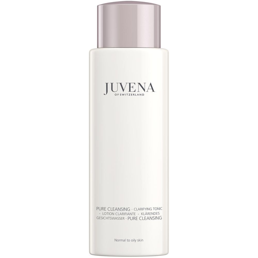 Flacon blanc avec bouchon rose. Inscription : Juvena. Texte : Pure Cleansing, Clarifying Tonic, Lotion. Pour peaux normales à grasses.