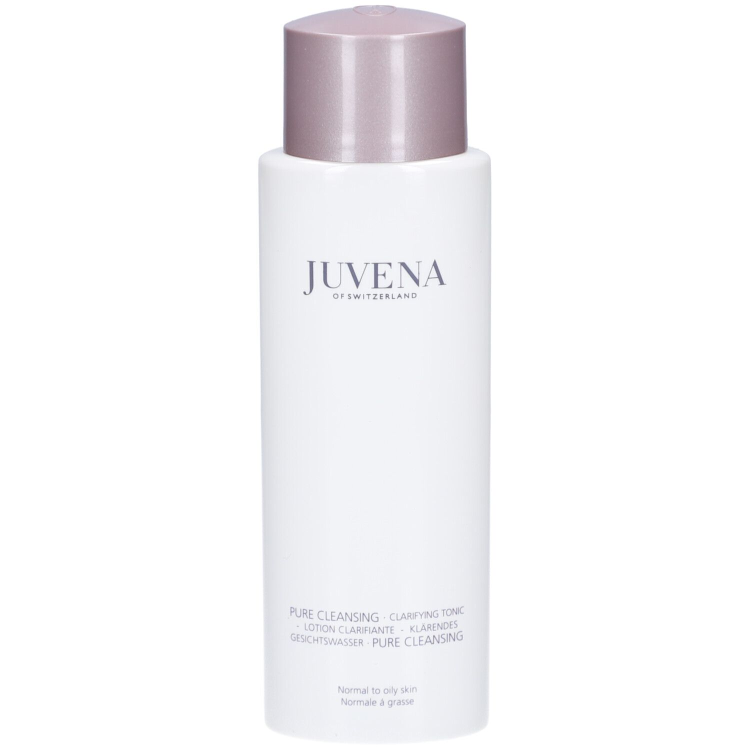 Flacon blanc avec bouchon rose. Inscription : Juvena. Texte : Pure Cleansing, Clarifying Tonic, Lotion. Pour peaux normales à grasses.