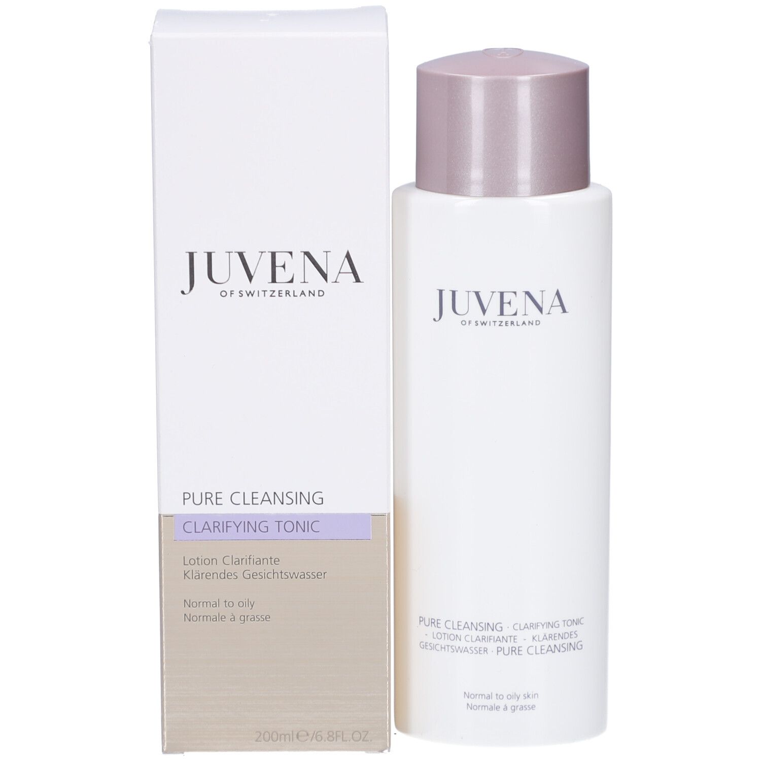 Produit et emballage. Inscription : Juvena, Pure Cleansing, Clarifying Tonic, Lotion. 200ml/6.8FL.OZ.