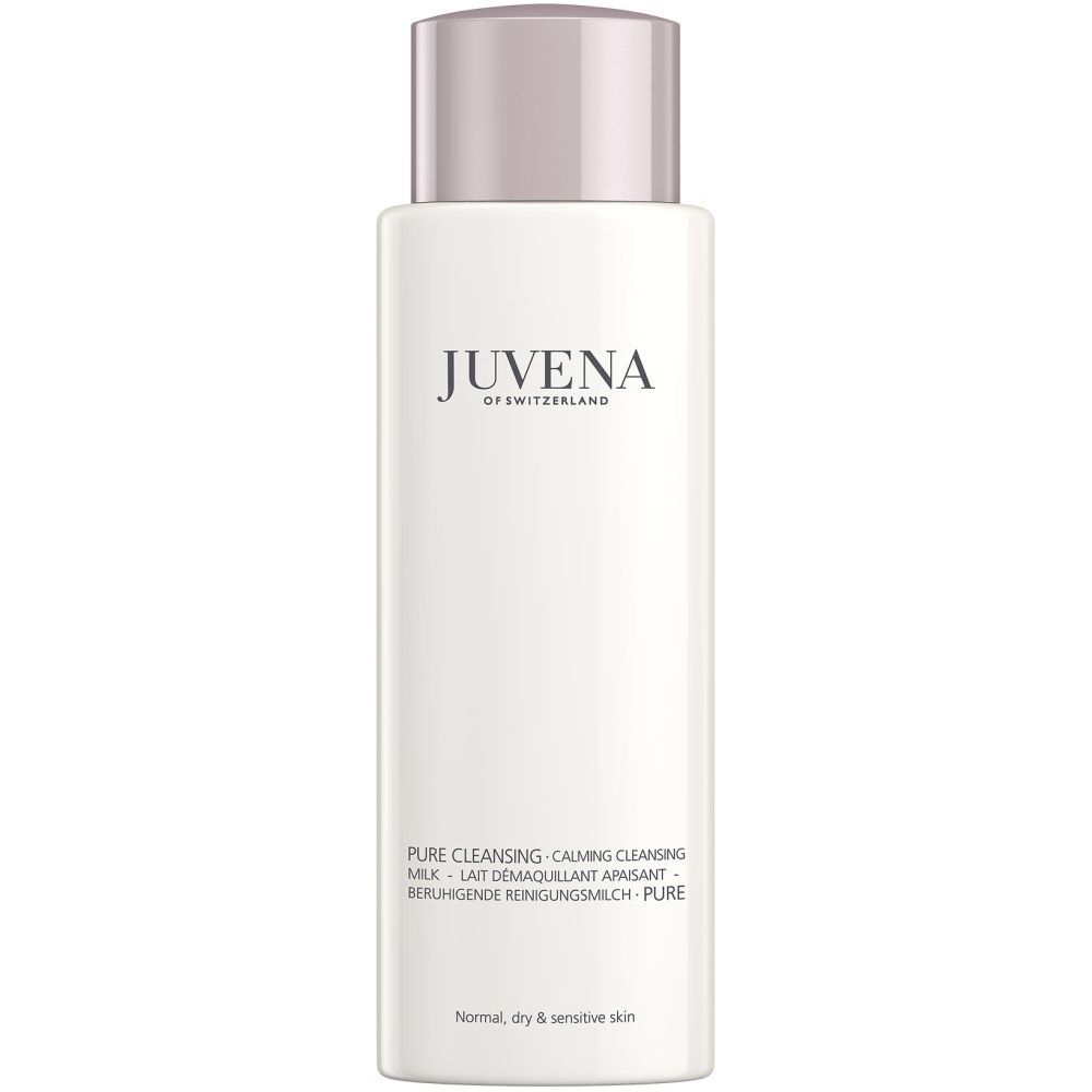 Flacon blanc avec bouchon rose. Inscription: Juvena. Texte: Pure Cleansing Milk. Pour peaux normales, sèches et sensibles.