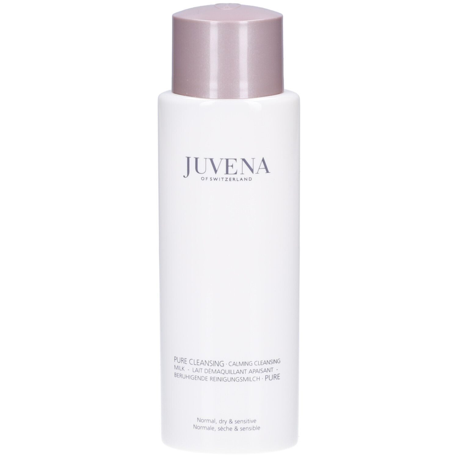Flacon blanc avec bouchon rose. Inscription: Juvena. Texte: Pure Cleansing Milk. Pour peaux normales, sèches et sensibles.