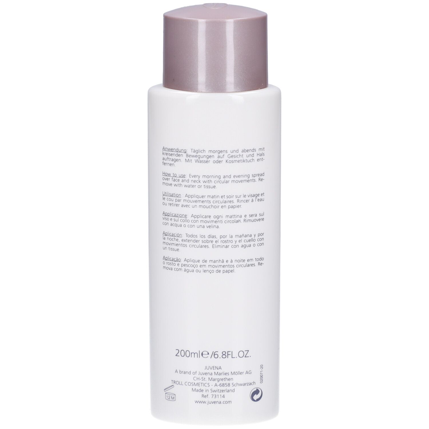 Dos du flacon blanc avec bouchon rose. Texte en plusieurs langues. 200ml/6.8 fl.oz.