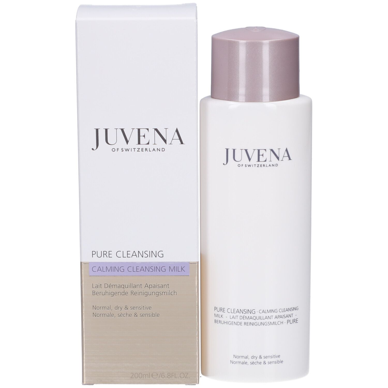 Produit et emballage. Flacon blanc avec bouchon rose et emballage blanc. Inscription: Juvena.