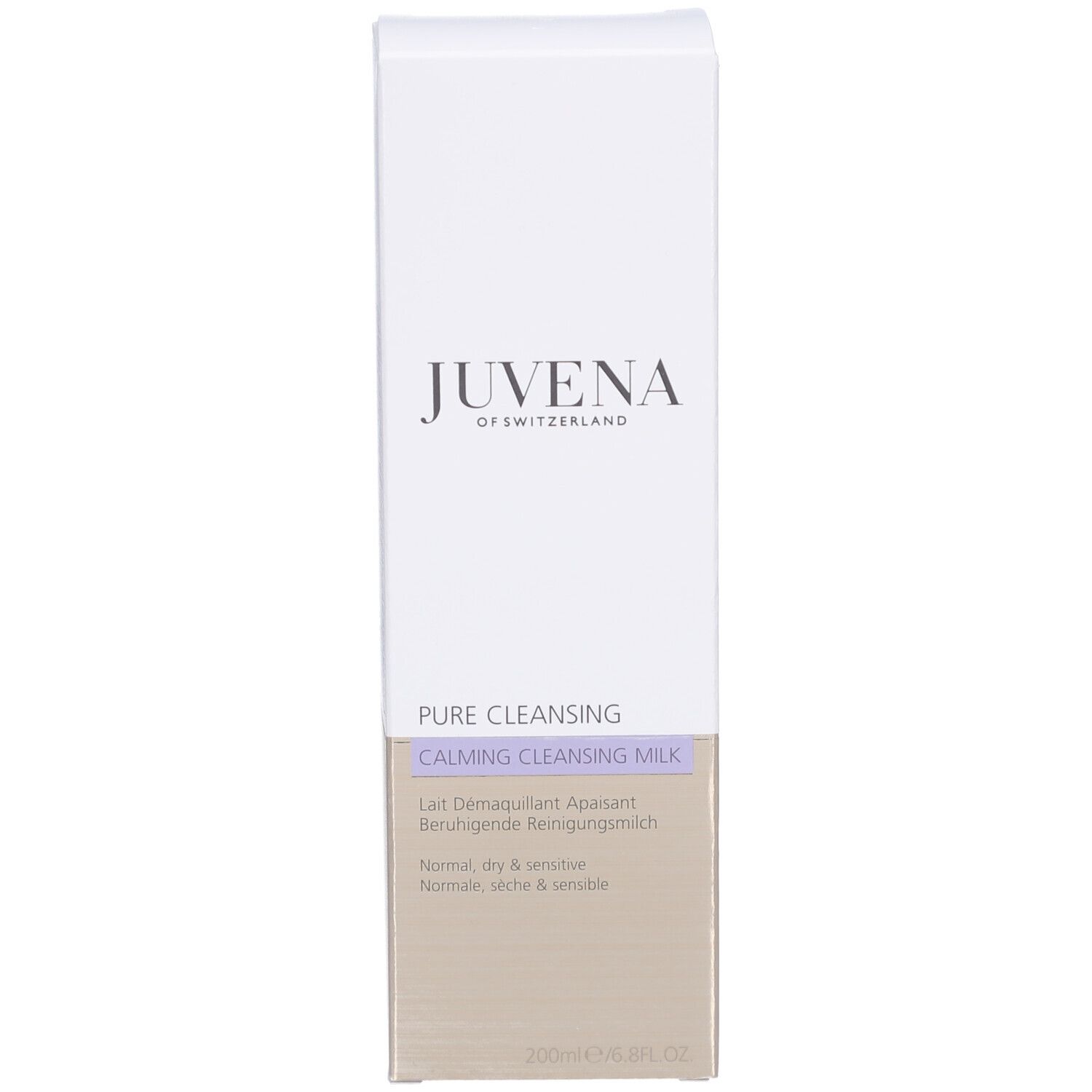 Emballage blanc avec inscription: Juvena. Texte: Pure Cleansing Milk. Pour peaux normales, sèches et sensibles.