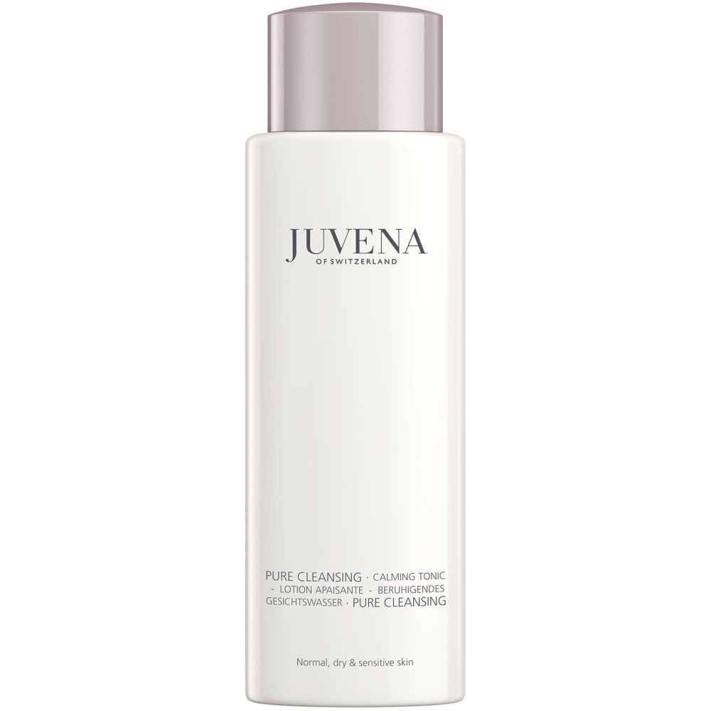 Flacon blanc avec bouchon rose. Inscription: Juvena of Switzerland. Texte: Pure Cleansing, Calming Tonic.