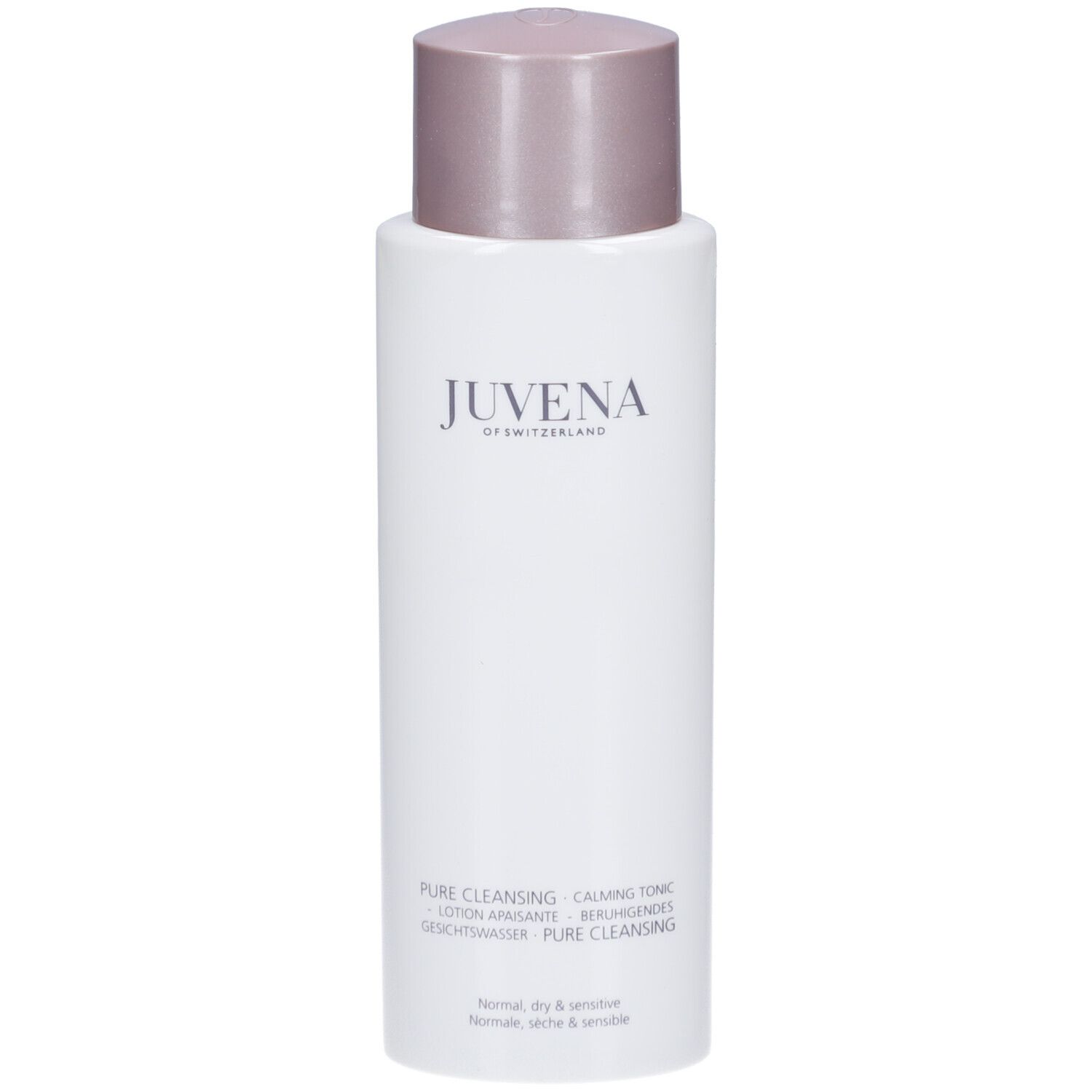 Flacon blanc avec bouchon rose. Inscription: Juvena of Switzerland. Texte: Pure Cleansing, Calming Tonic.