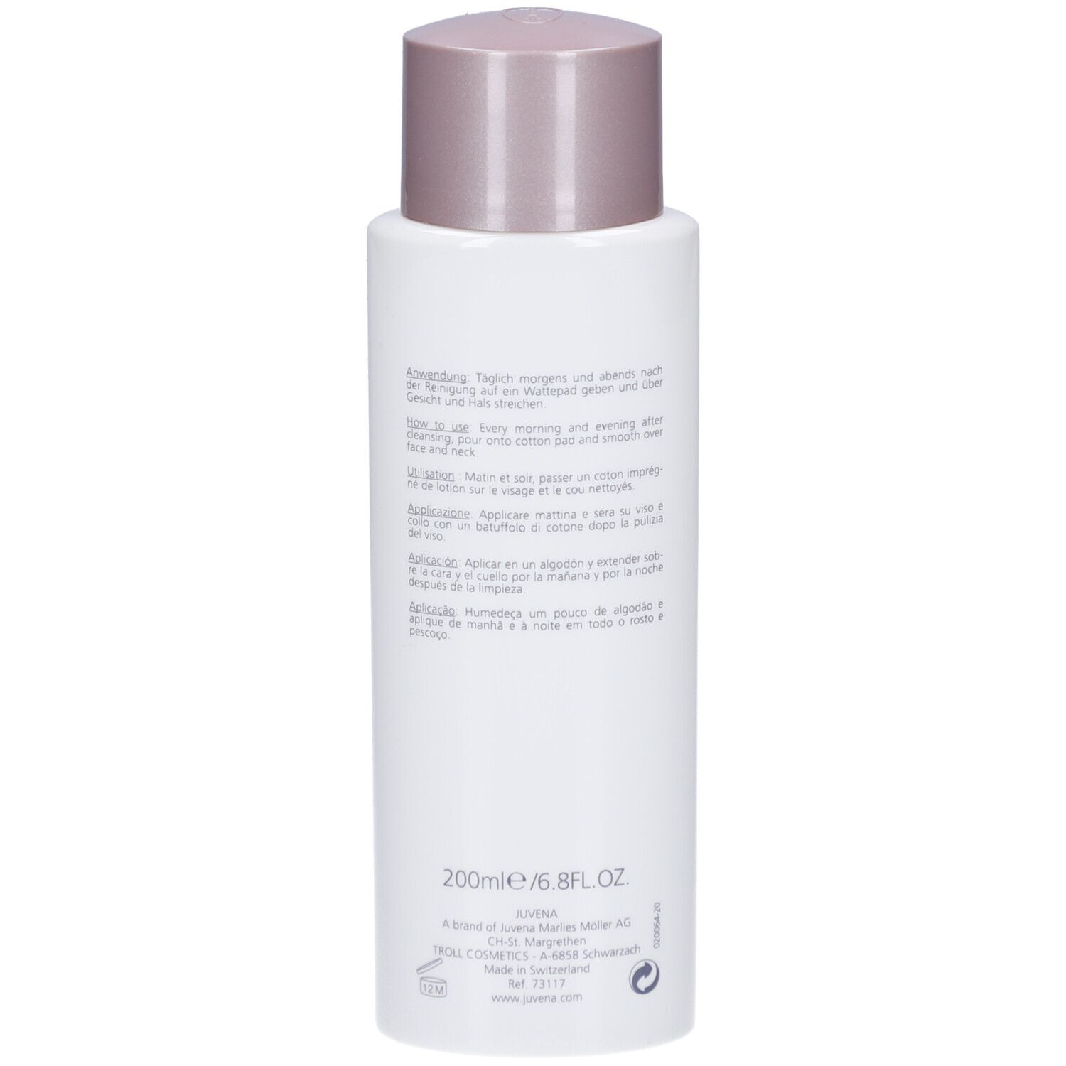 Dos du flacon. Texte multilingue. Indication de volume: 200ml/6.8FL.OZ.