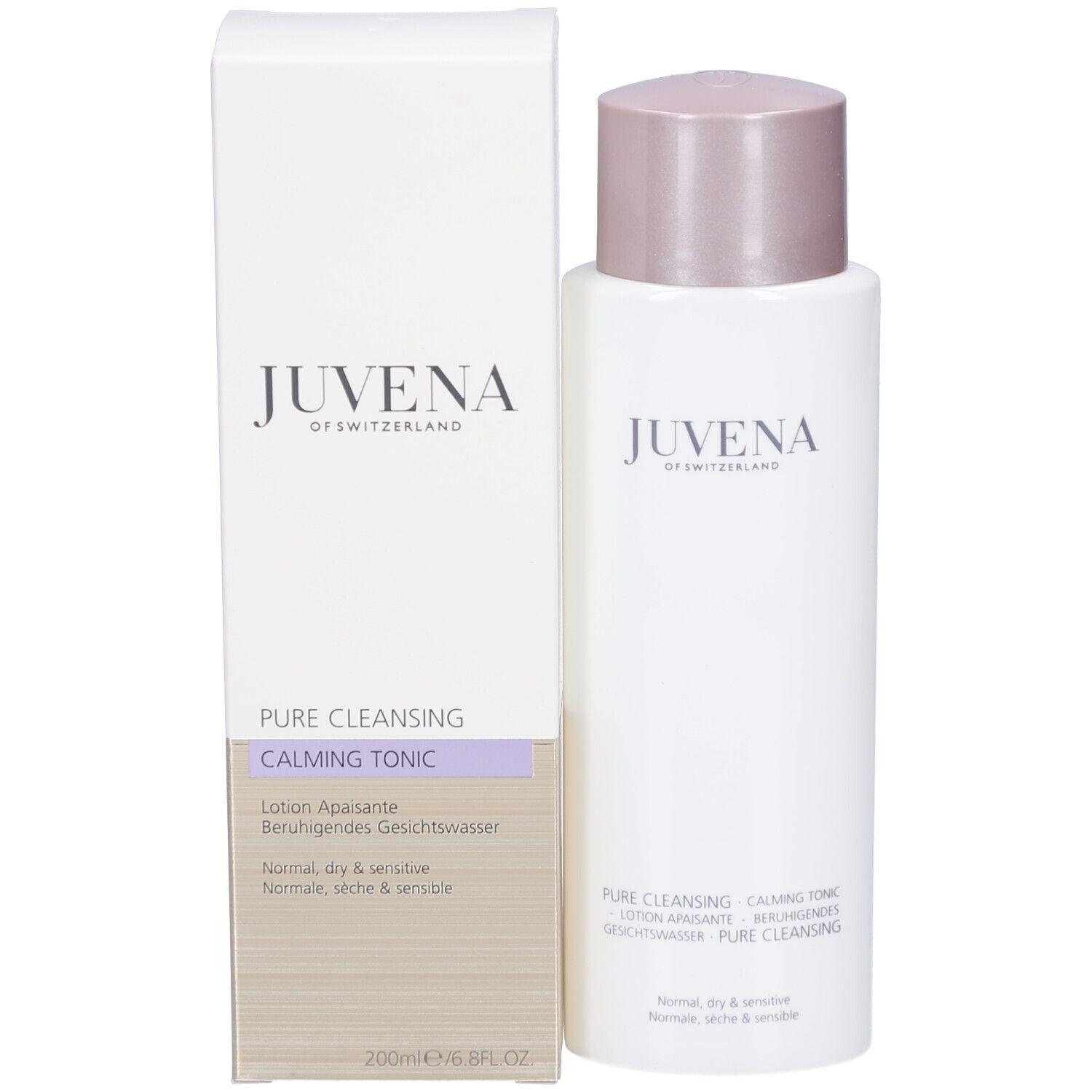 Produit avec emballage. Flacon et boîte. Inscription: Juvena. Texte: Pure Cleansing, Calming Tonic.