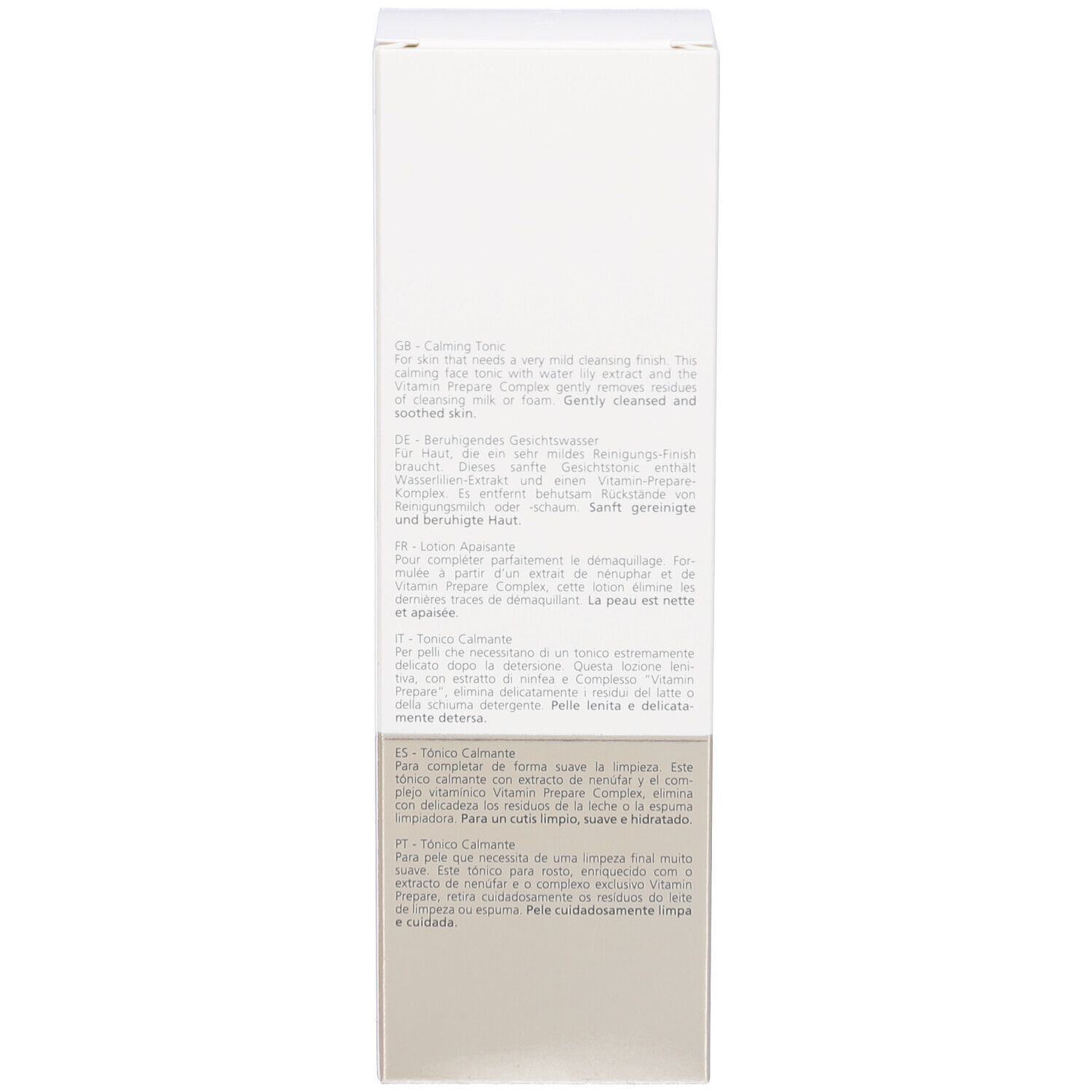 Dos de l'emballage. Texte multilingue.