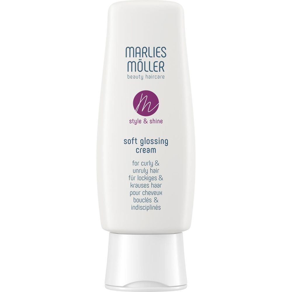 Witte tube met Marlies Möller logo en tekst. Productnaam: Soft Glossing Cream. Voor krullend haar.