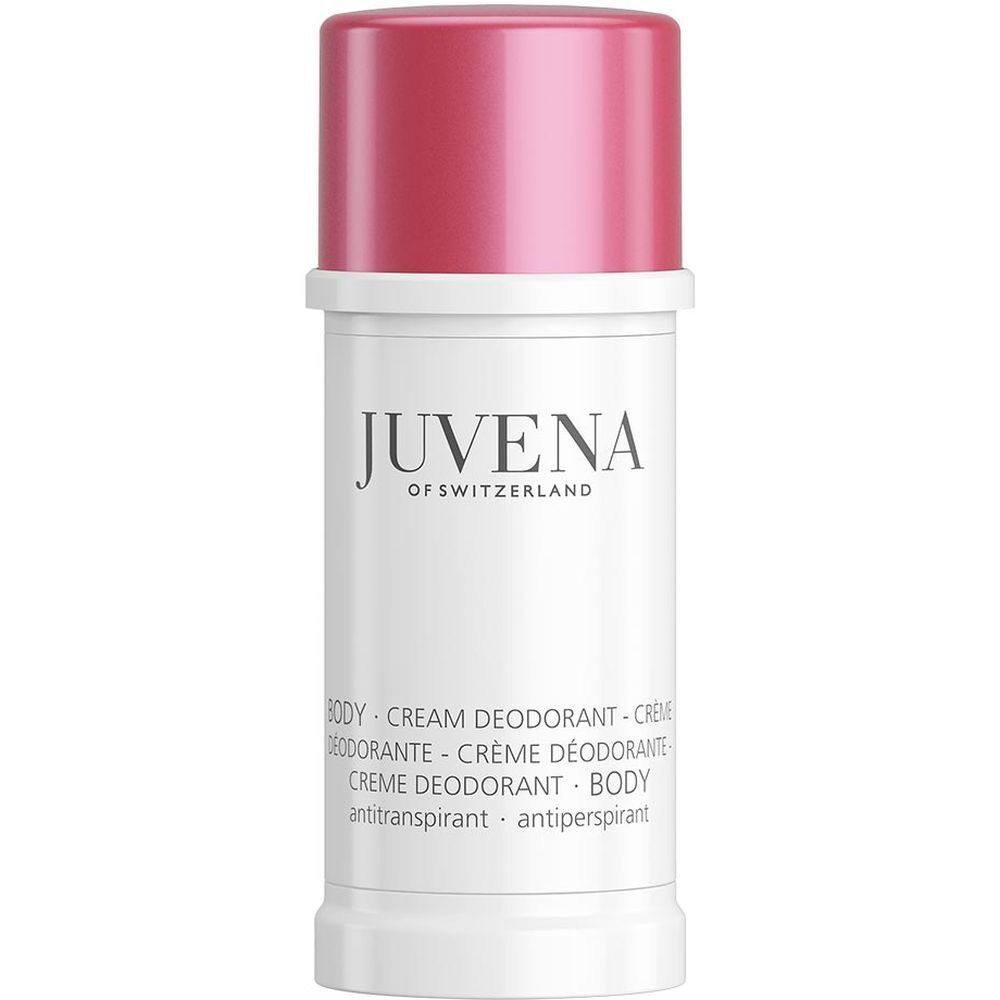 Stick de déodorant blanc avec bouchon rouge. Inscription : Juvena of Switzerland. Nom du produit : Body Cream Deodorant.
