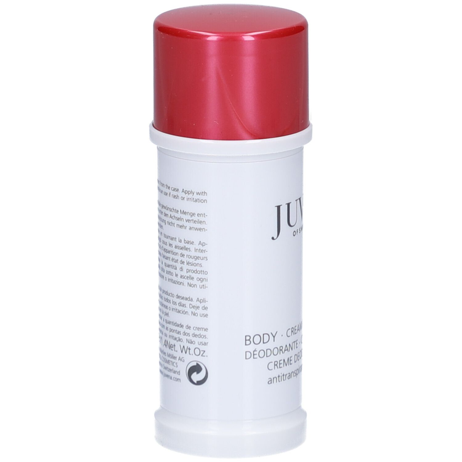 Stick de déodorant blanc avec bouchon rouge. Inscription : Juvena of Switzerland. Nom du produit : Body Cream Deodorant.
