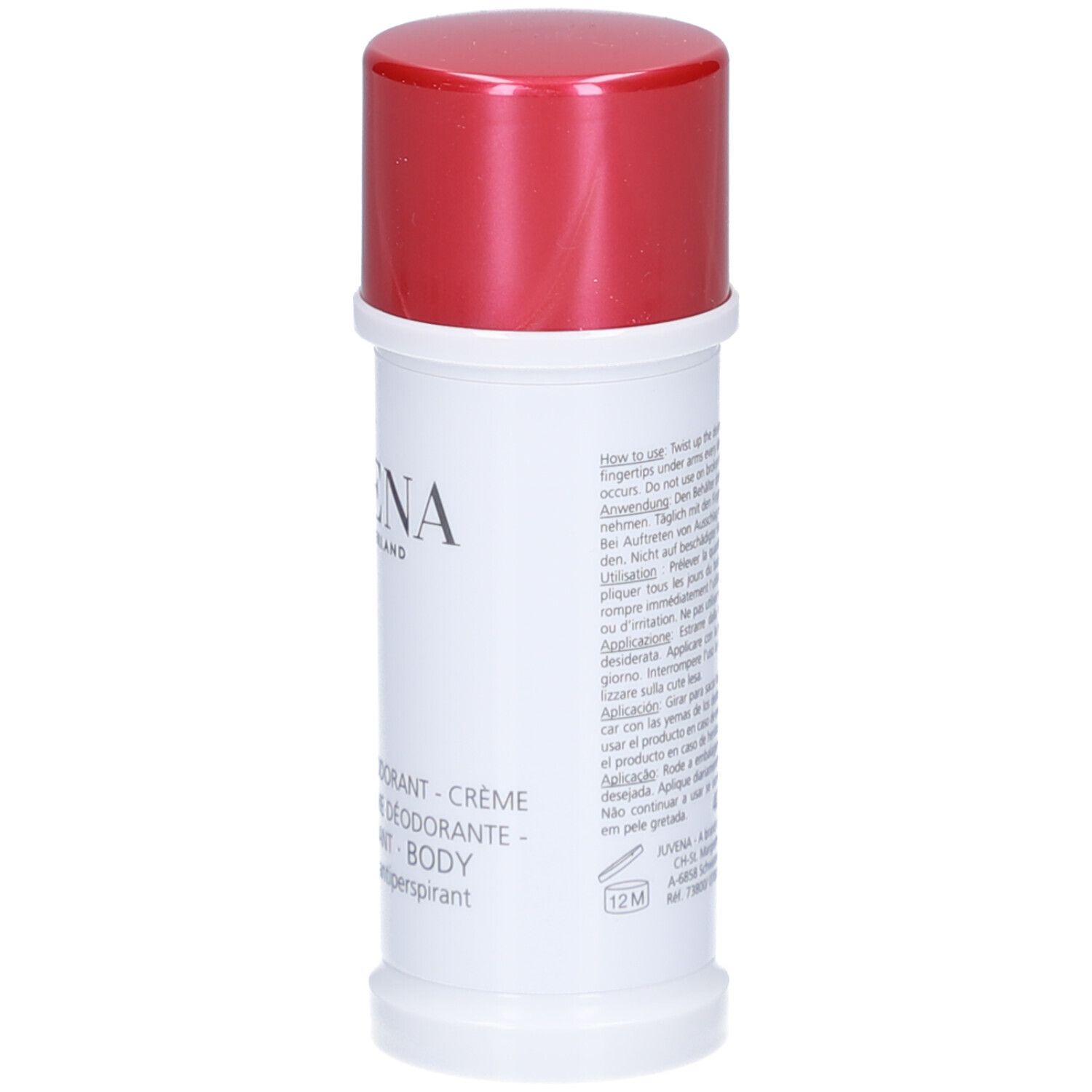 Stick de déodorant blanc avec bouchon rouge. Inscription : Juvena of Switzerland. Nom du produit : Body Cream Deodorant.