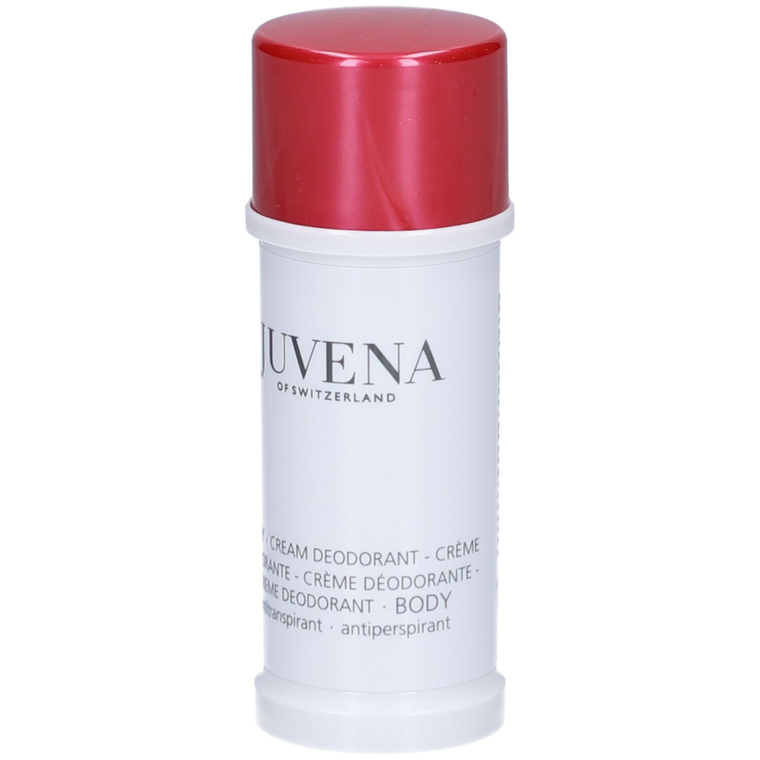 Stick de déodorant blanc avec bouchon rouge. Inscription : Juvena of Switzerland. Nom du produit : Body Cream Deodorant.