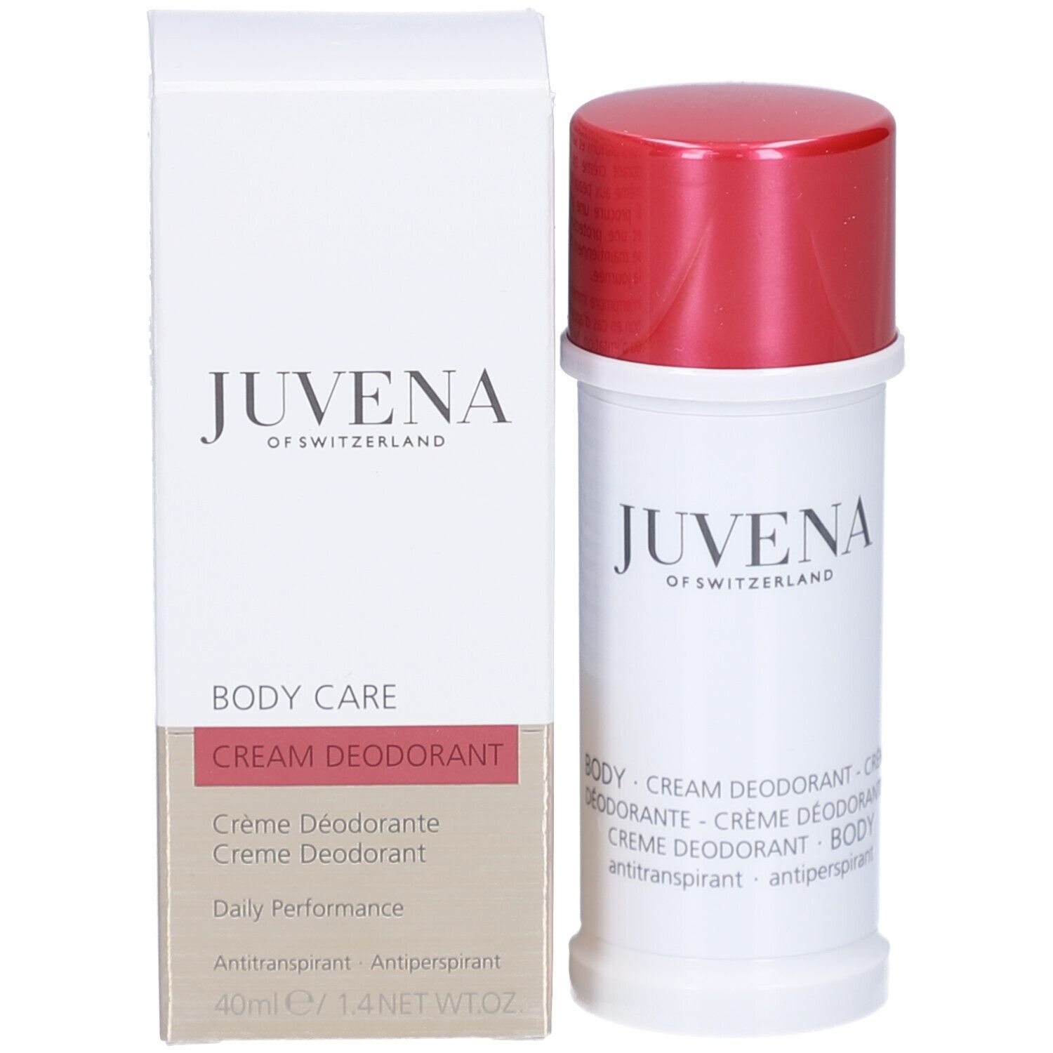 Emballage de déodorant. Inscription : Juvena of Switzerland. Nom du produit : Body Care Cream Deodorant.