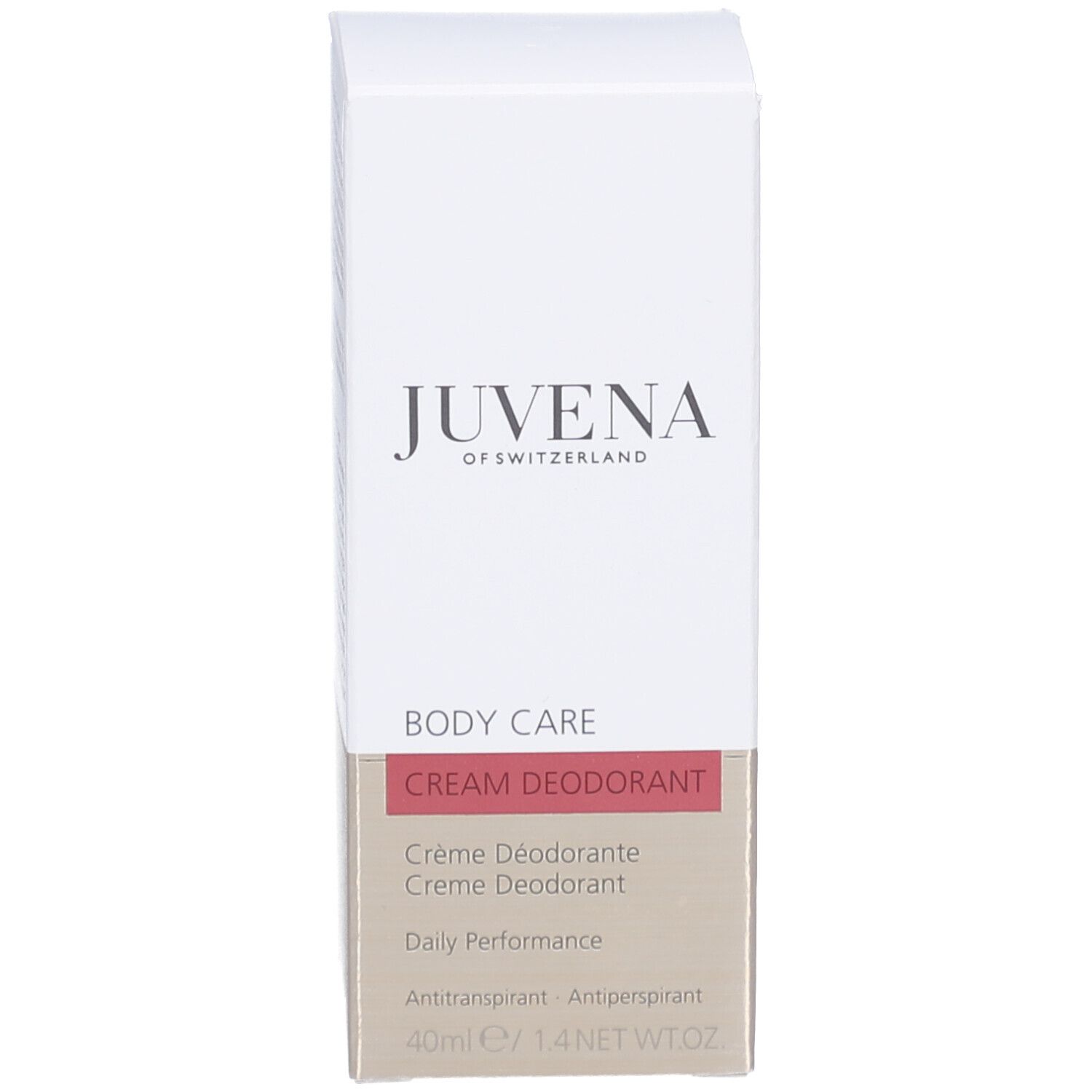 Emballage de déodorant. Inscription : Juvena of Switzerland. Nom du produit : Body Care Cream Deodorant.