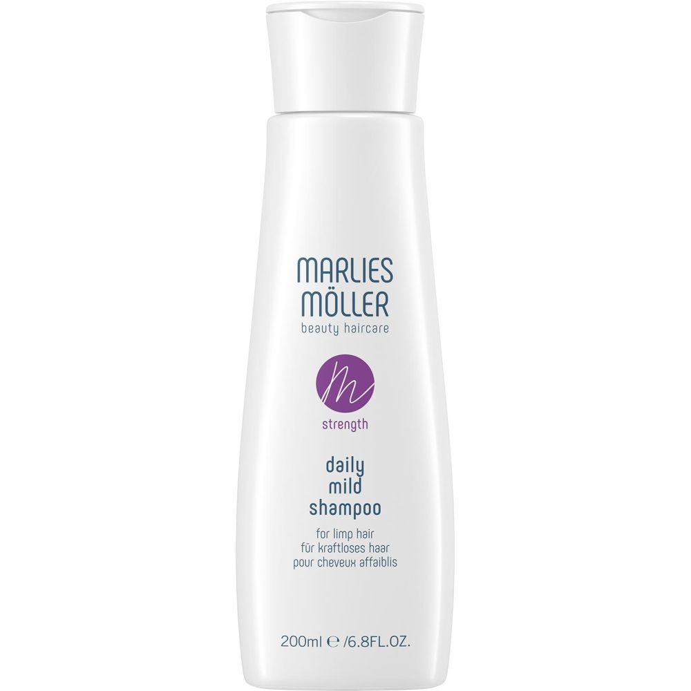 Flacon de shampooing blanc avec accents violets. Inscription : Marlies Möller, Daily Mild Shampoo. 200ml.