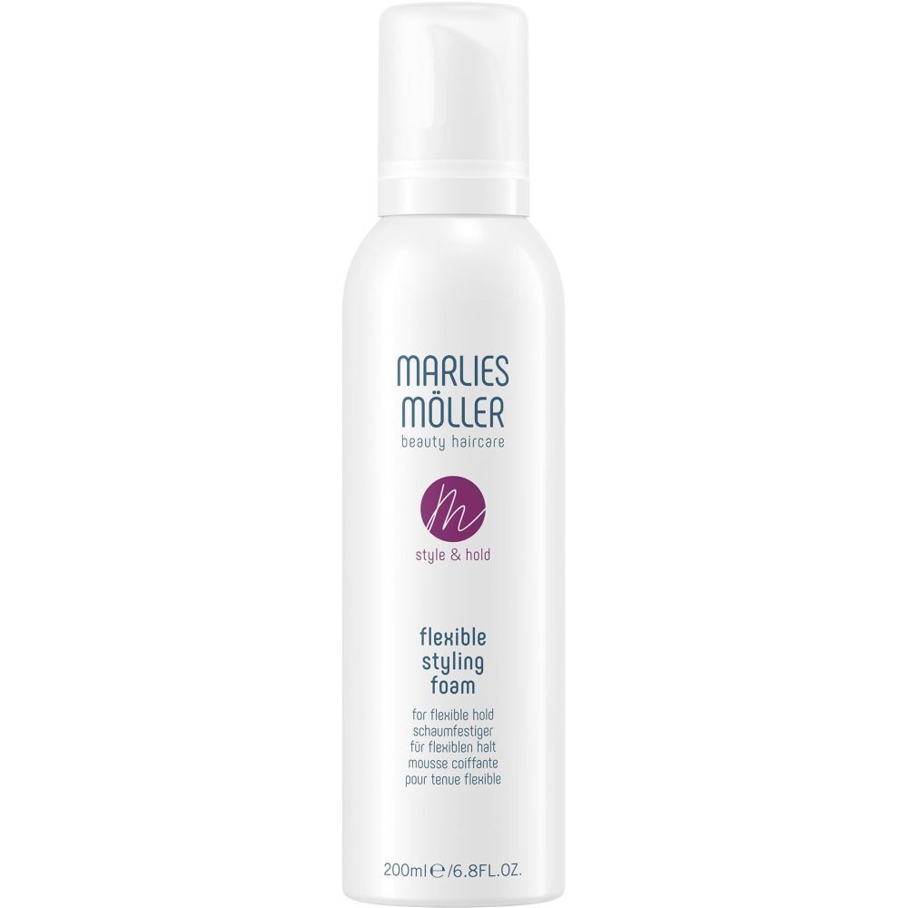 Witte fles met sproeikop. Opschrift: Marlies Möller, Style & Hold, Flexible Styling Foam. 200ml.