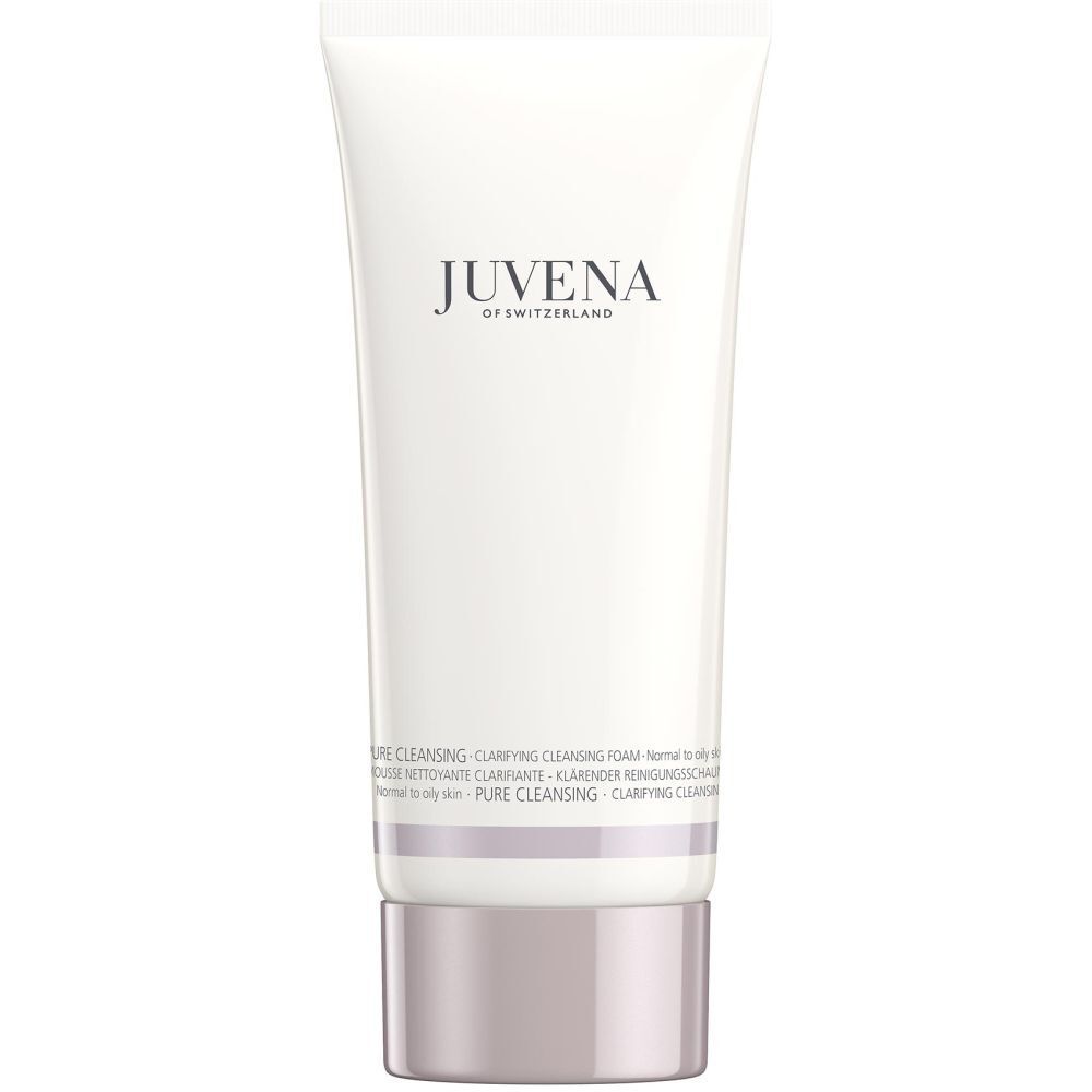 Witte tube met product. Opschrift: JUVENA OF SWITZERLAND. Tekst: Clarifying Cleansing Foam.