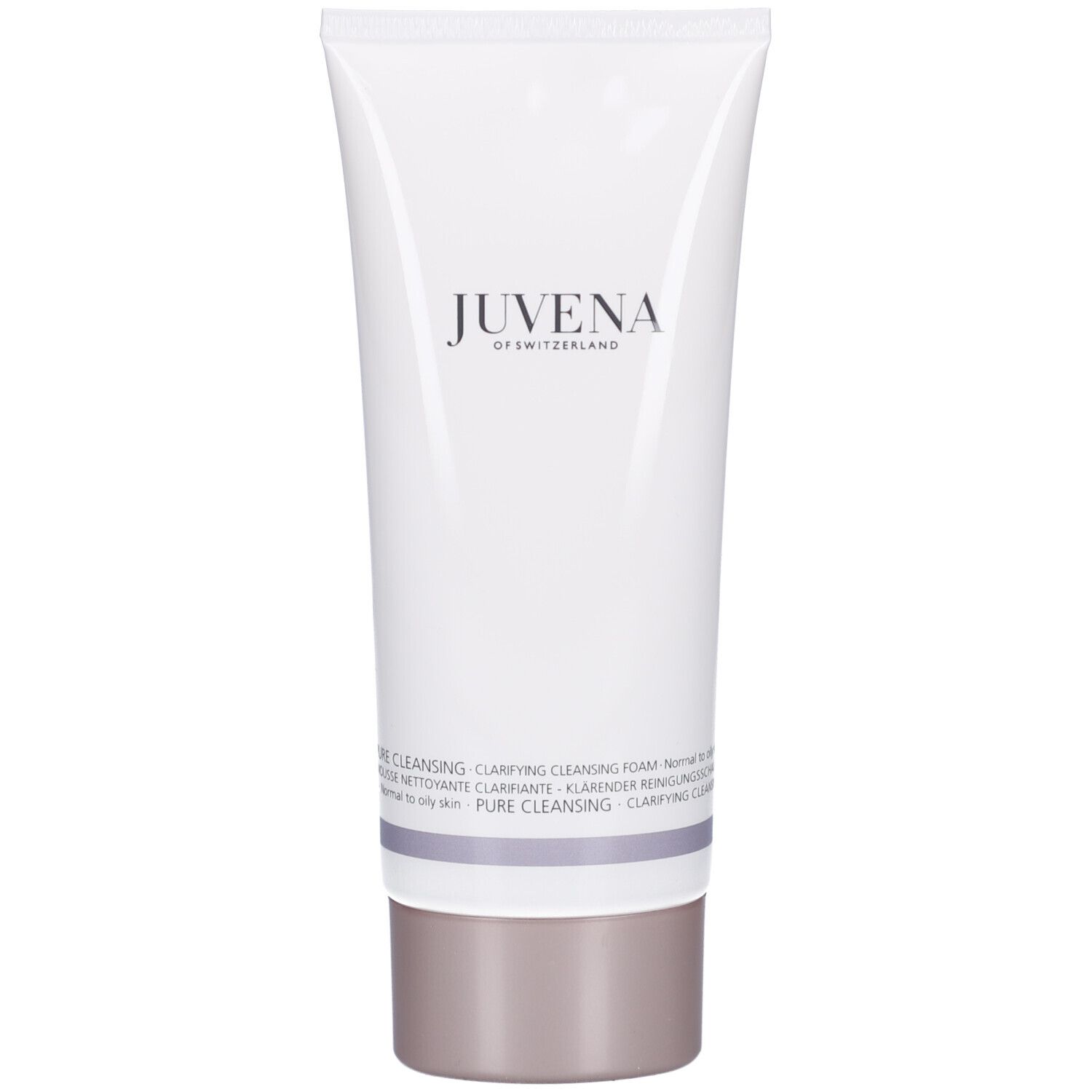 Witte tube met product. Opschrift: JUVENA OF SWITZERLAND. Tekst: Clarifying Cleansing Foam.