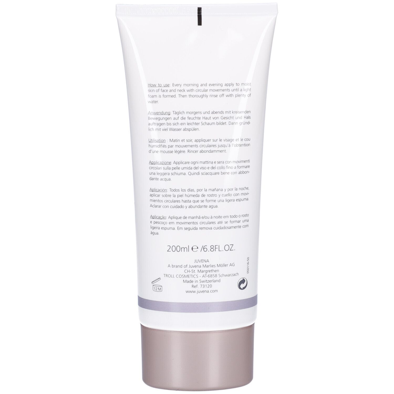 Achterkant van de tube. Tekst in meerdere talen. Opschrift: JUVENA. 200ml/6.8FL.OZ.