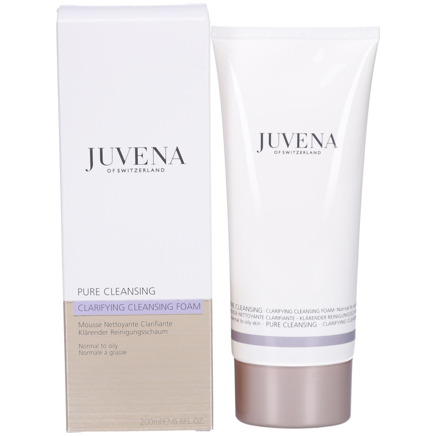 Product en verpakking. Opschrift: JUVENA. Tekst: Clarifying Cleansing Foam. 200ml/6.8FL.OZ.
