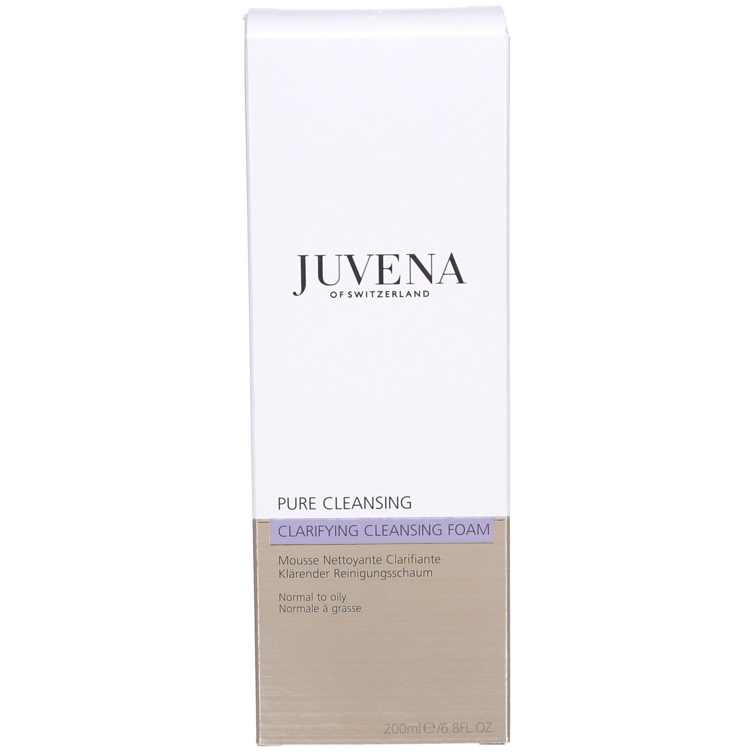 Verpakking. Opschrift: JUVENA. Tekst: Clarifying Cleansing Foam. 200ml/6.8FL.OZ.