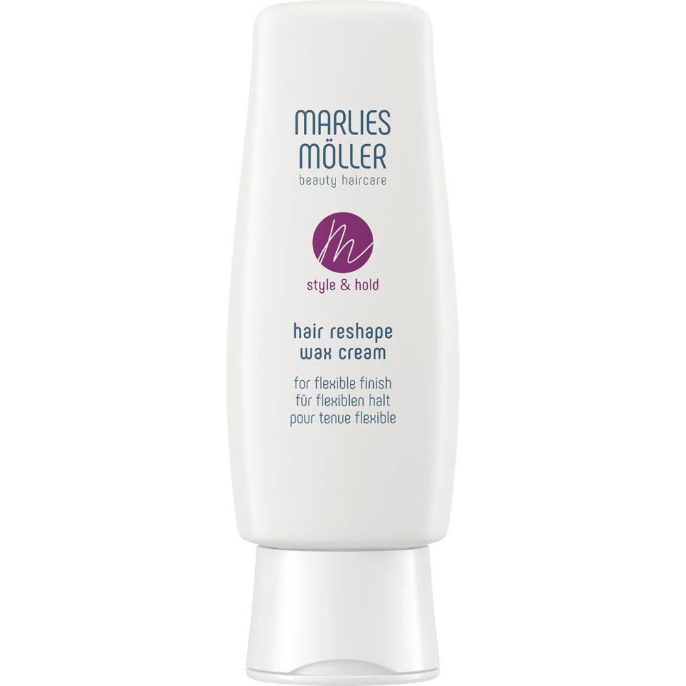 Witte tube MARLIES MÖLLER Hair Reshape Wax Cream. Paars logo en tekst. Voor flexibele finish.