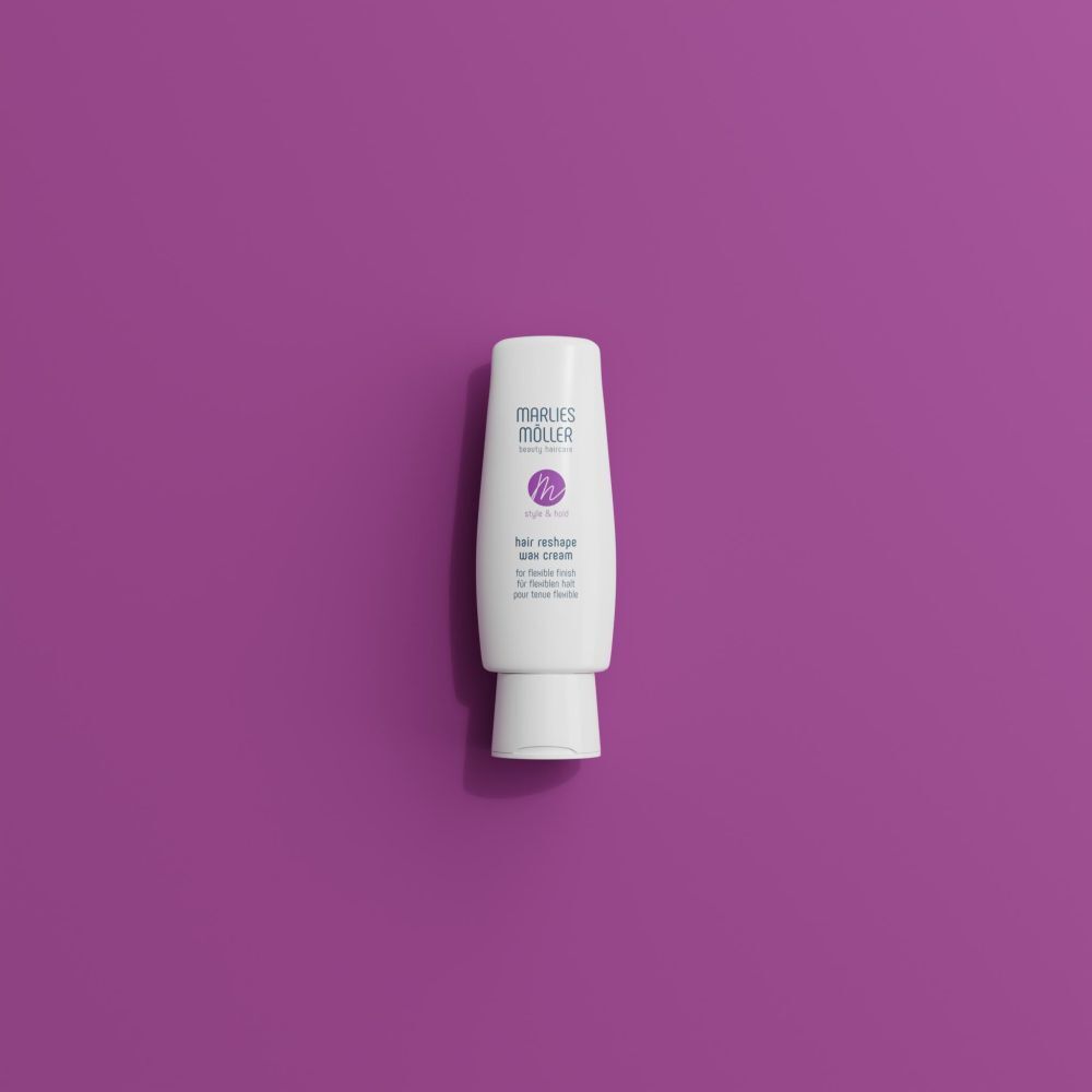 Witte tube MARLIES MÖLLER Hair Reshape Wax Cream op paarse achtergrond. Paars logo en tekst.