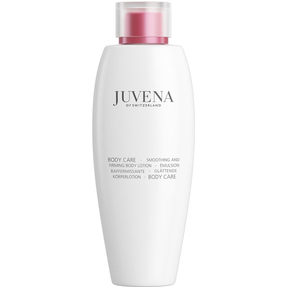 Witte fles met rode dop. Opschrift: Juvena of Switzerland. Tekst: Body Care, Smoothing and Firming Body Lotion.