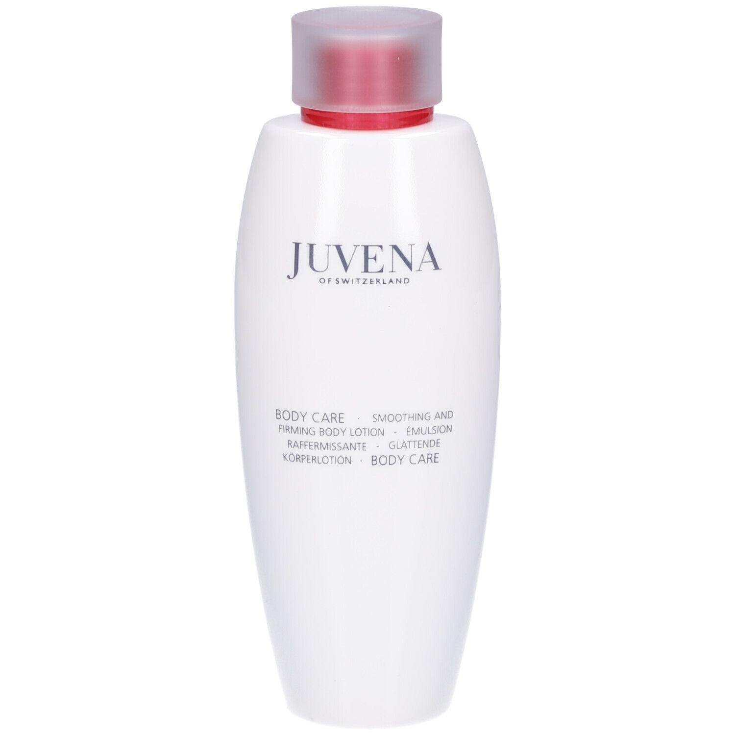 Witte fles met rode dop. Opschrift: Juvena of Switzerland. Tekst: Body Care, Smoothing and Firming Body Lotion.