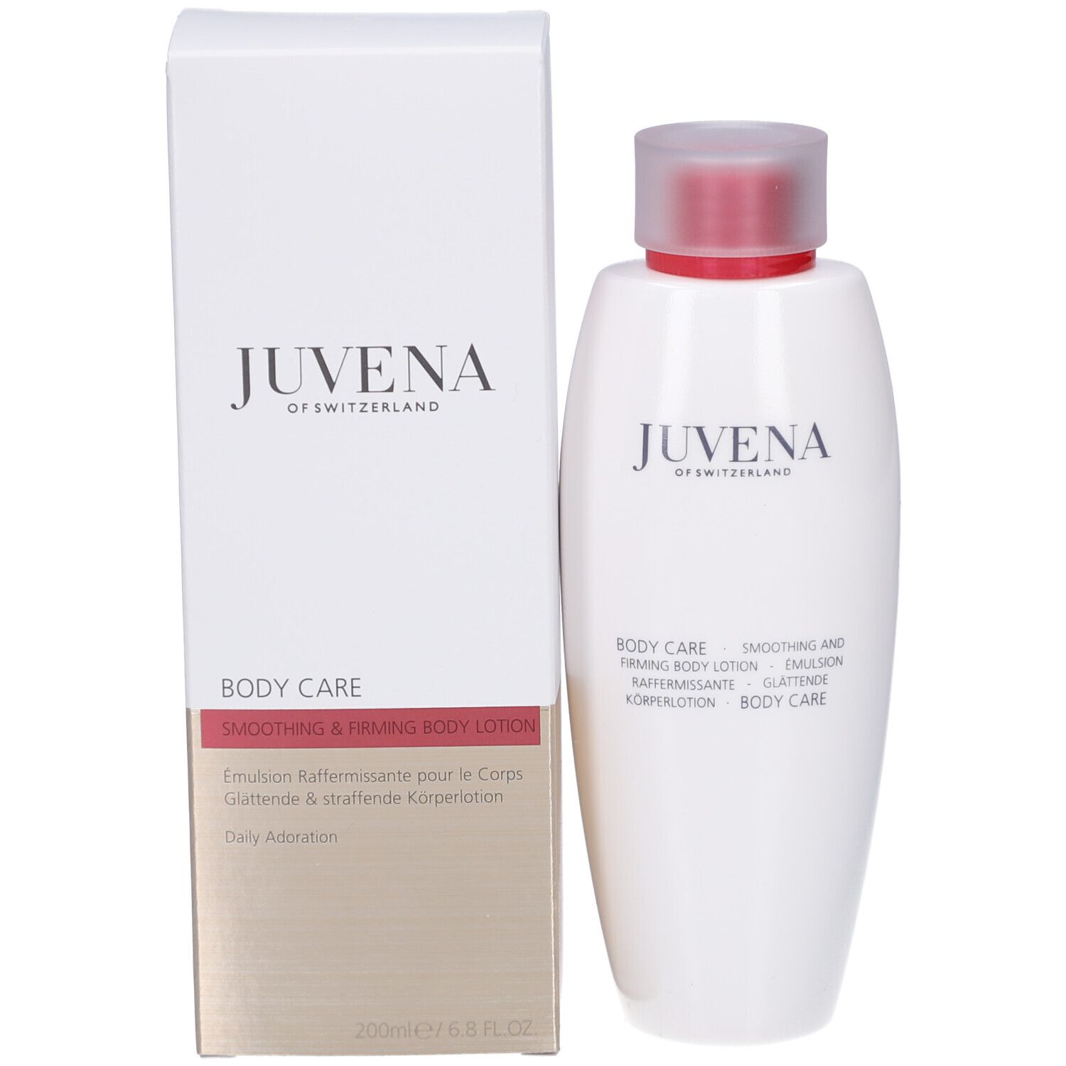 Productverpakking en fles. Opschrift: Juvena of Switzerland, Body Care, Smoothing & Firming Body Lotion, 200ml.