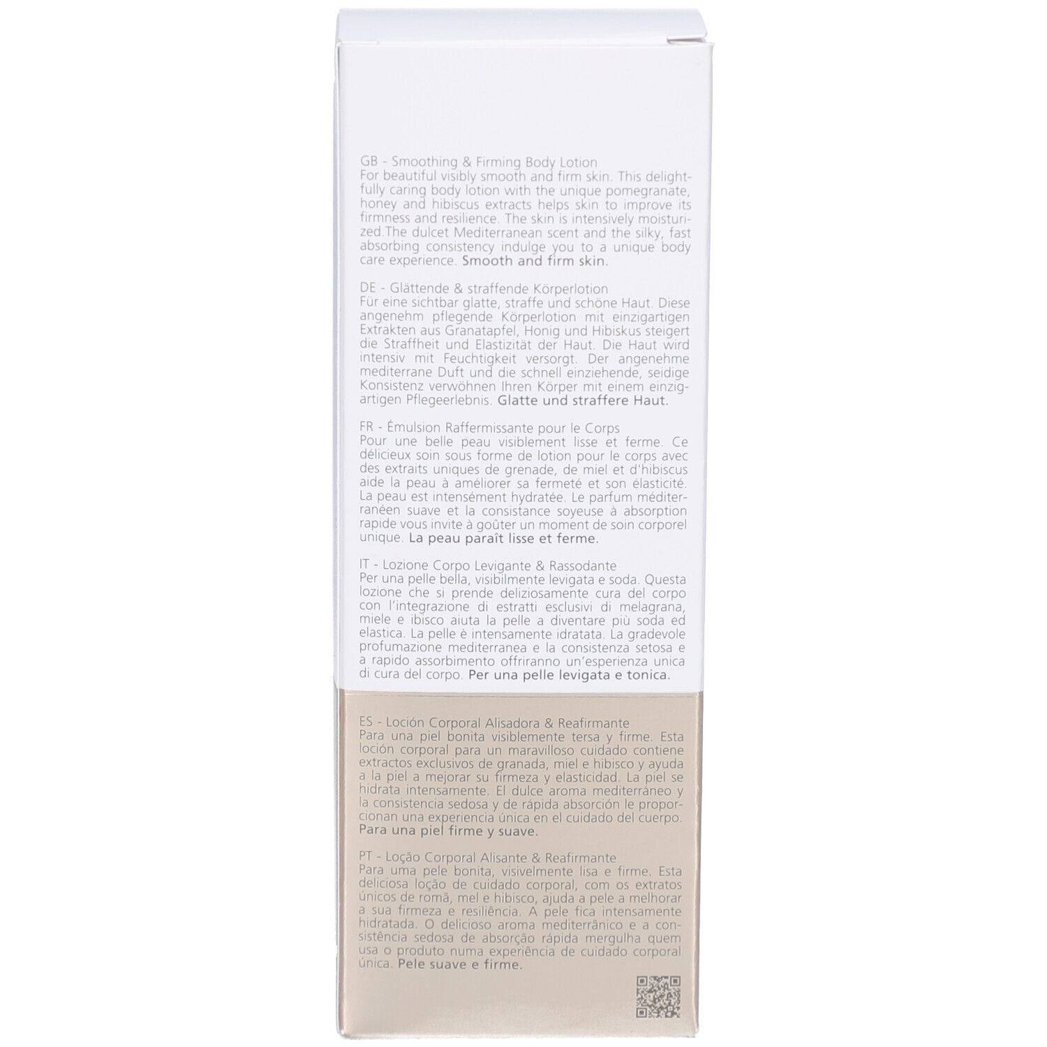 Zijkant van de productverpakking. Tekst: beschrijving in meerdere talen.