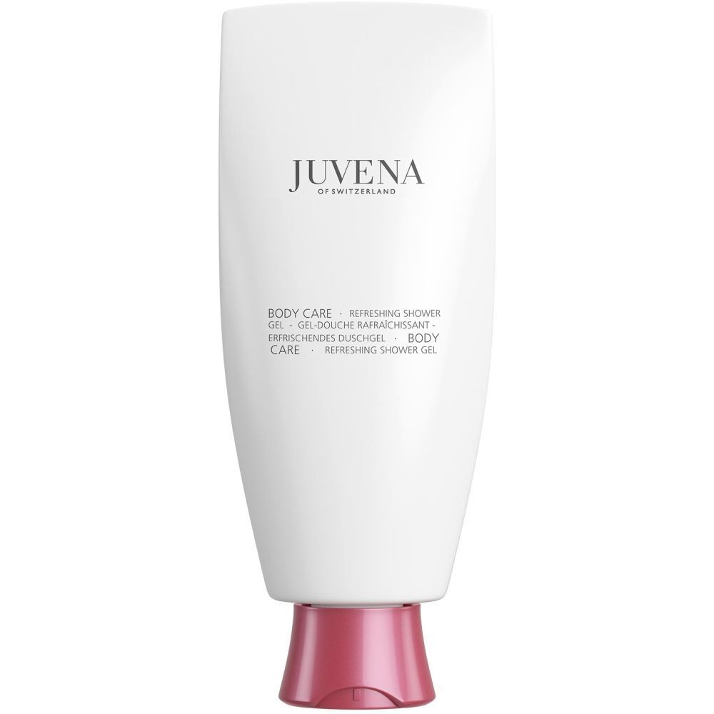 Flacon blanc, bouchon rouge. Inscription: Juvena of Switzerland, Body Care, Refreshing Shower Gel.