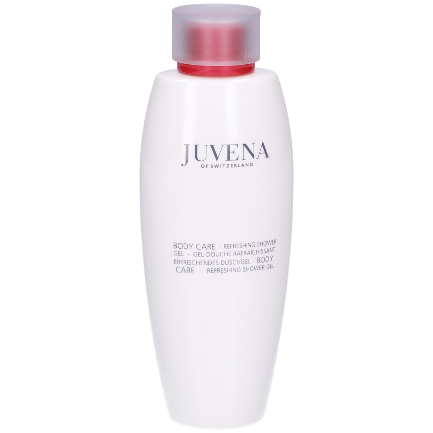 Flacon blanc, bouchon transparent. Inscription: Juvena of Switzerland, Body Care, Refreshing Shower Gel.